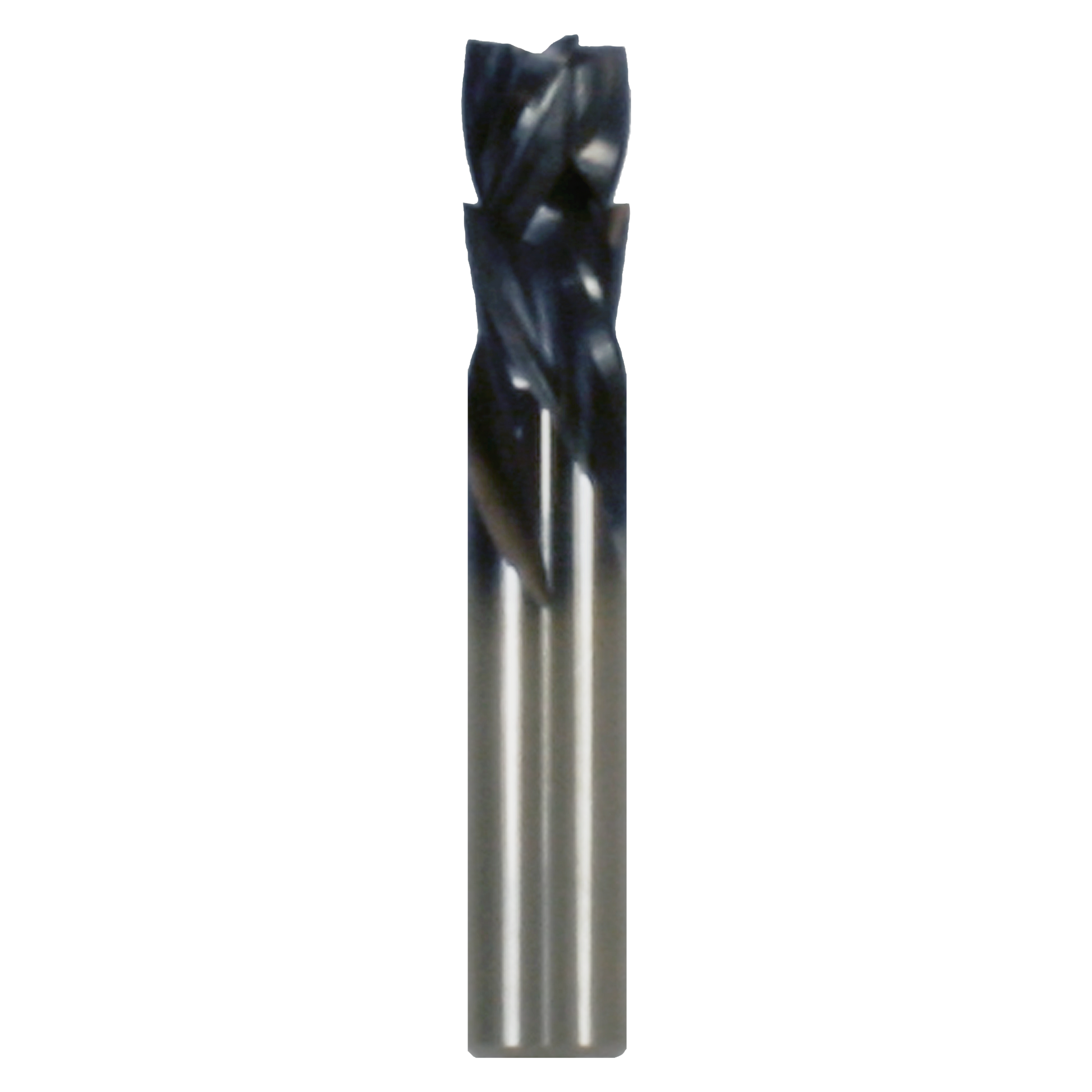 Black and silver four-flute compression router bit with twisted cutting edges and cylindrical shank.