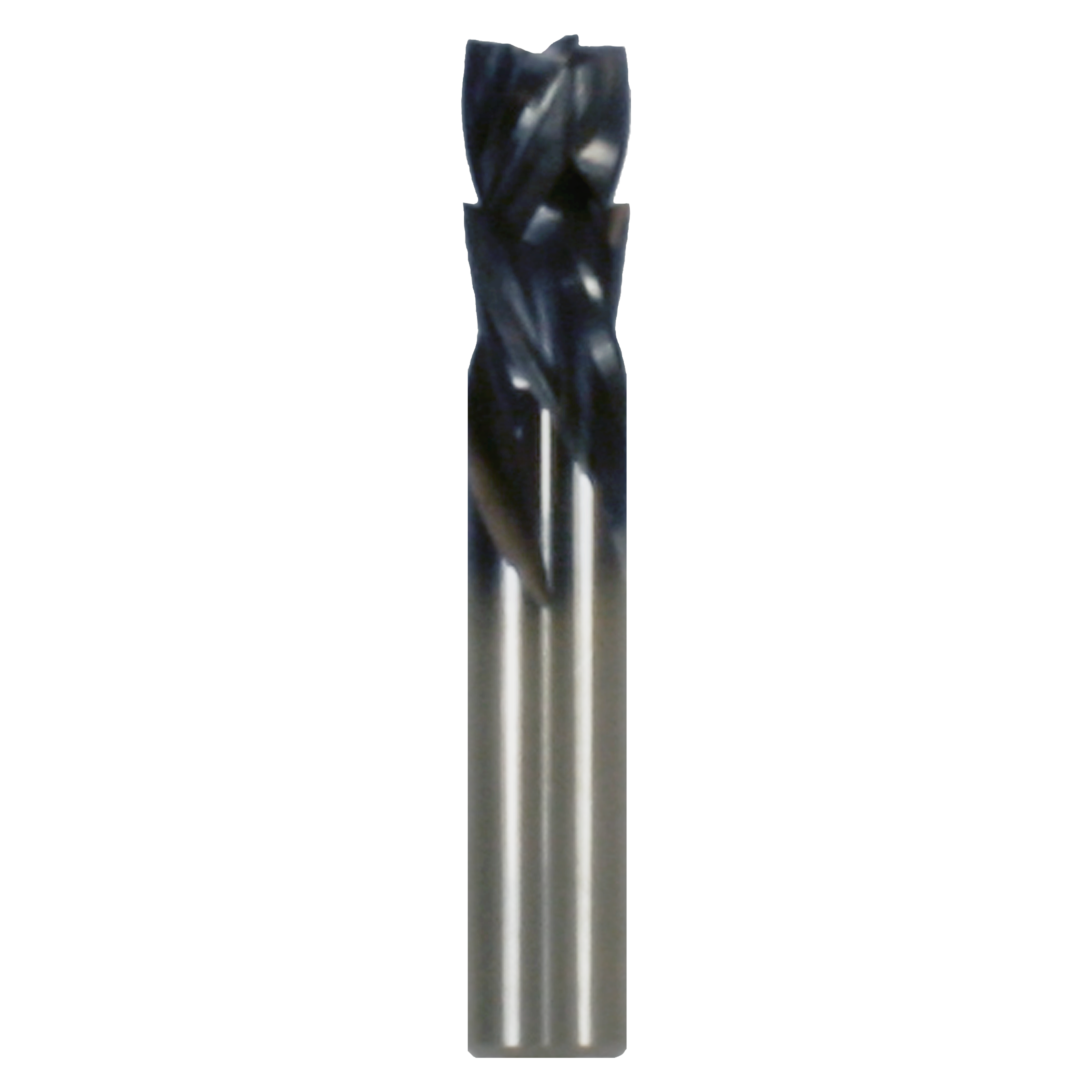 Black and silver four-flute compression router bit with twisted cutting edges and cylindrical shank.