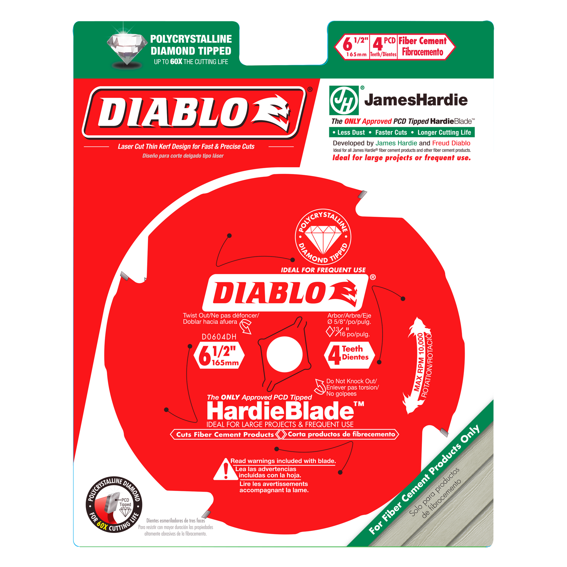 Diablo 6-1/2 inch circular saw blade with 4 teeth and polycrystalline diamond tip for fiber cement cutting.