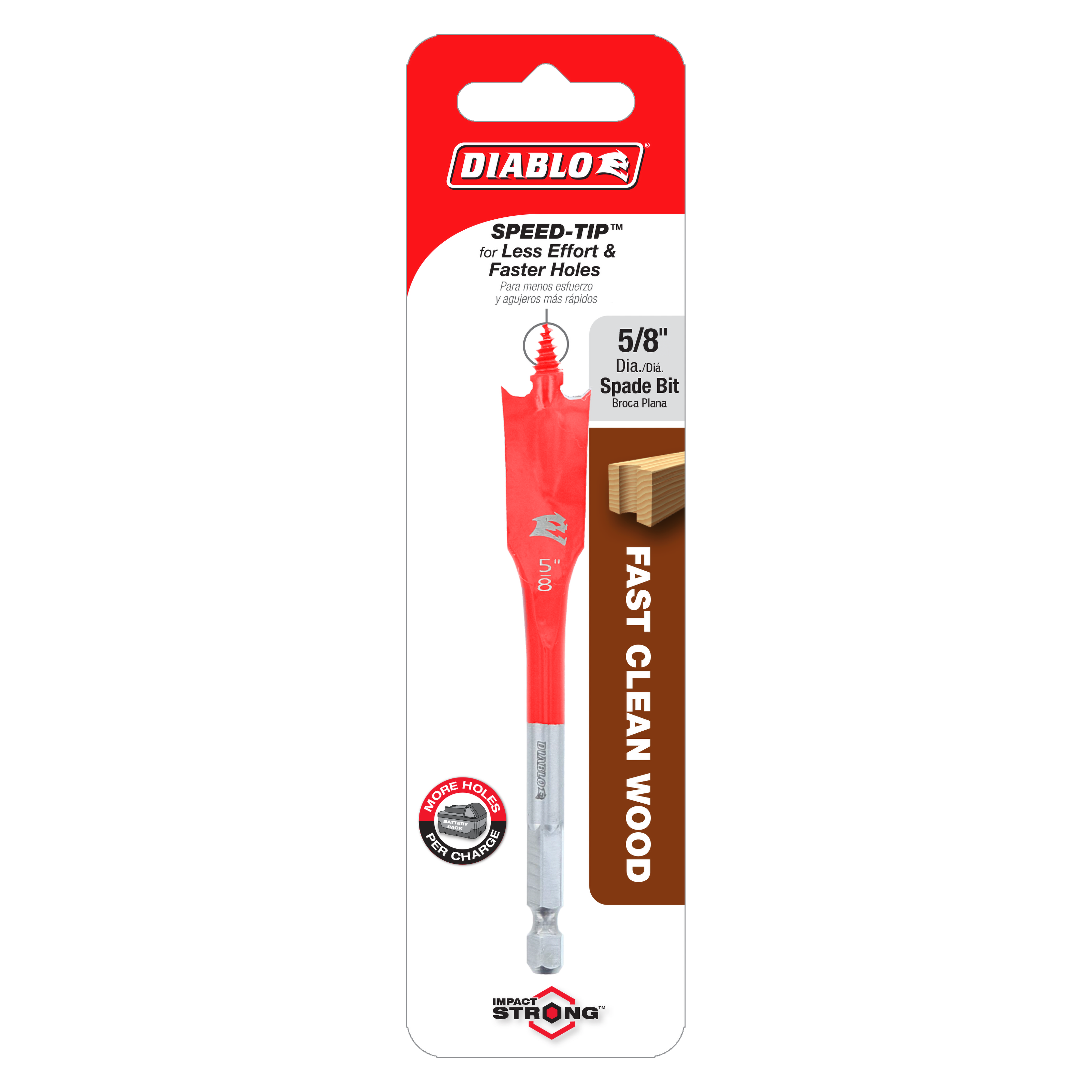 Red Diablo spade bit with flat blade tip and hexagonal shank on retail packaging card.