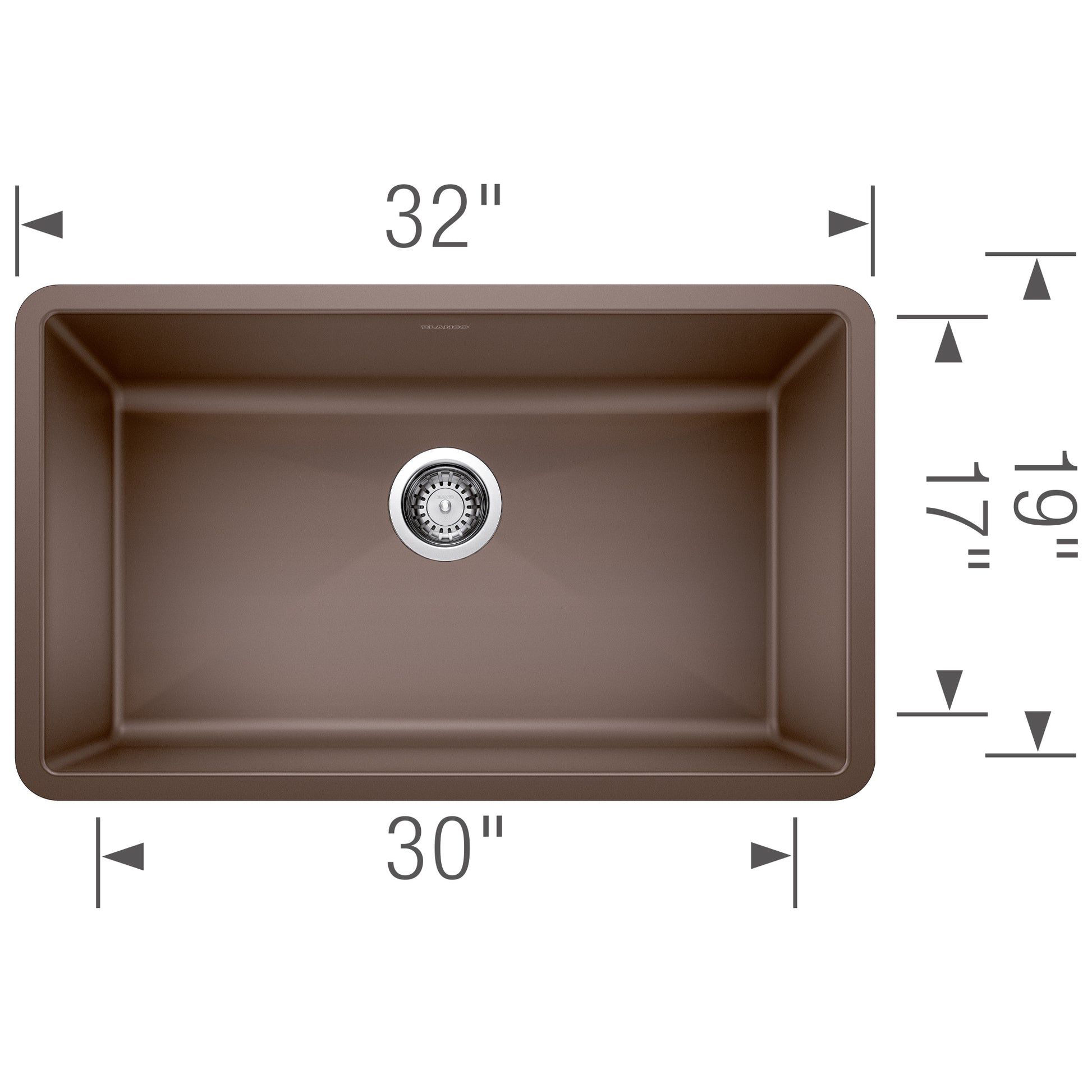 Cafe brown single bowl undermount kitchen sink with drain, 32" wide by 19" deep by 17" bowl depth.