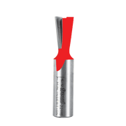 Freud 22-115 dovetail router bit with red cutting edges and cylindrical metal shank marked with model number.