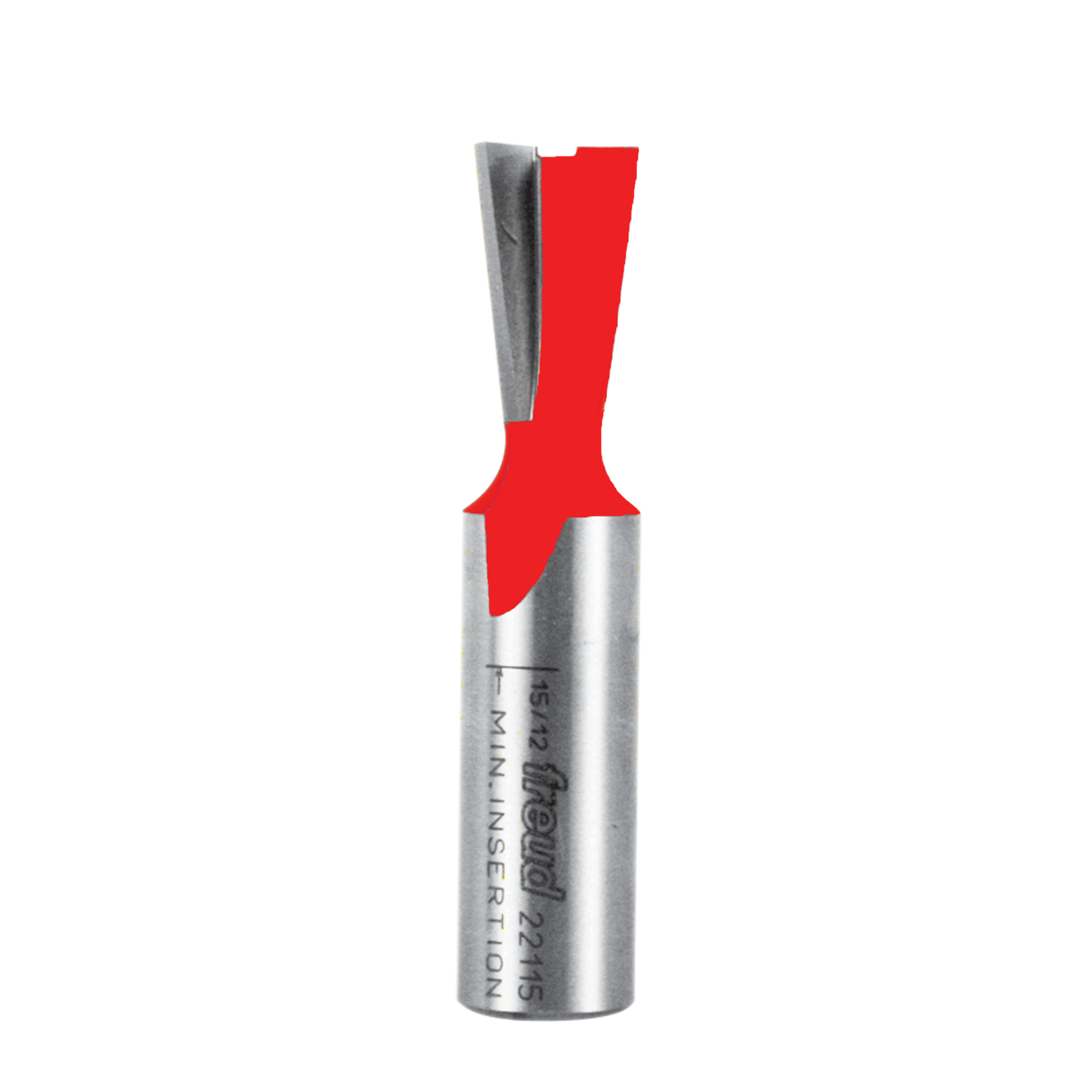 Freud 22-115 dovetail router bit with red cutting edges and cylindrical metal shank marked with model number.