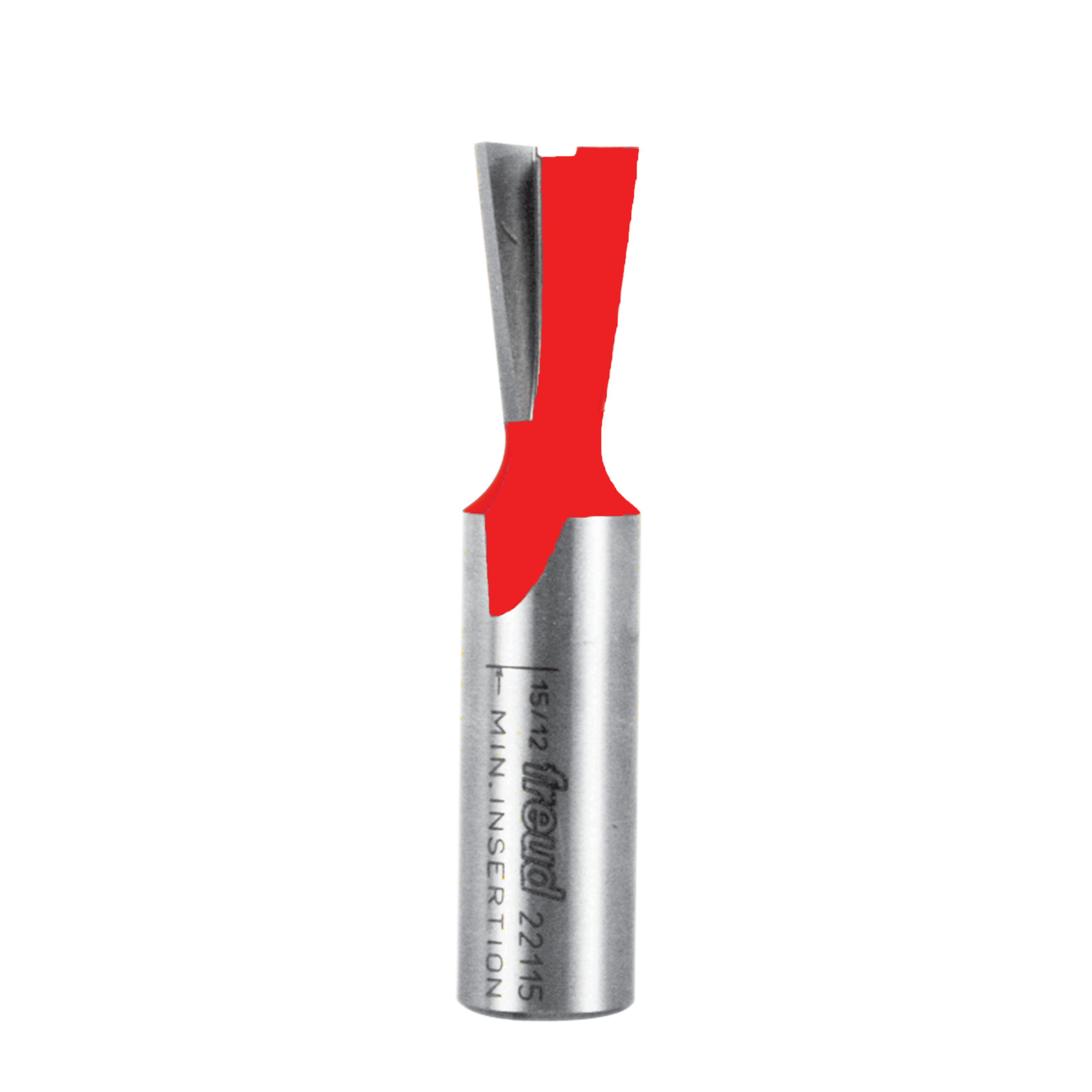 Freud 22-115 dovetail router bit with red cutting edges and cylindrical metal shank marked with model number.