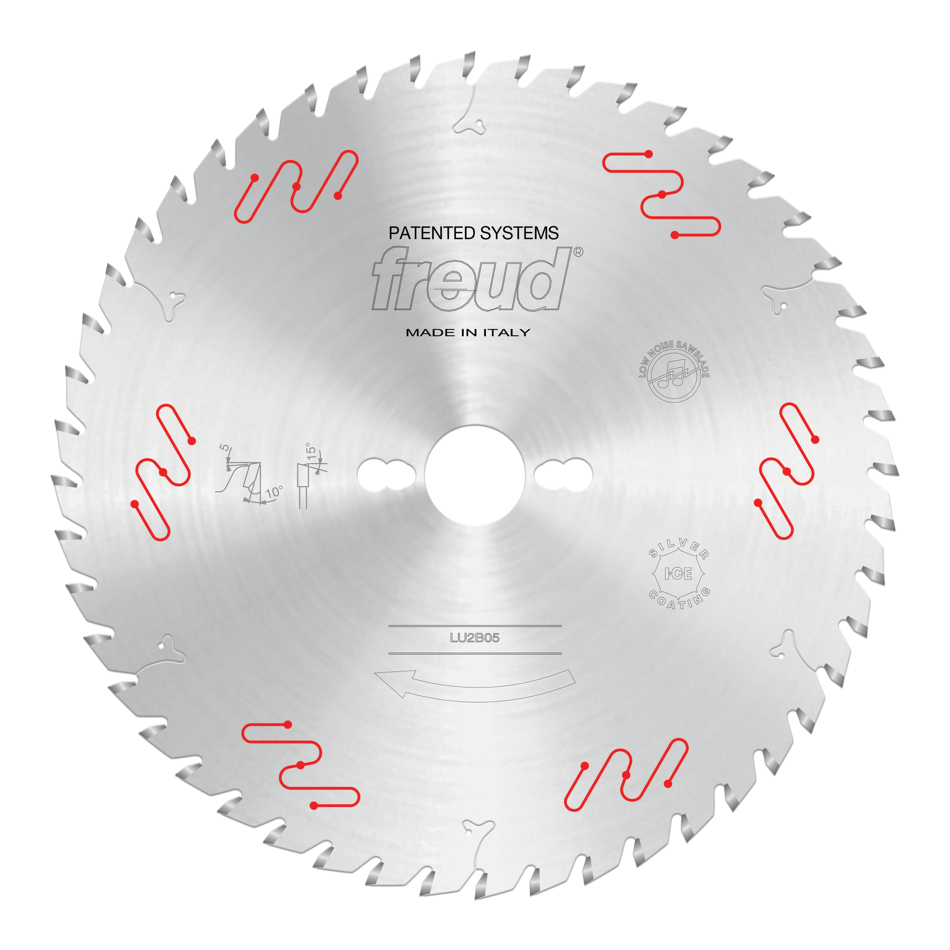 Freud 250mm circular saw blade with carbide-tipped teeth and center arbor hole, marked "LU2B05" and "Made in Italy."