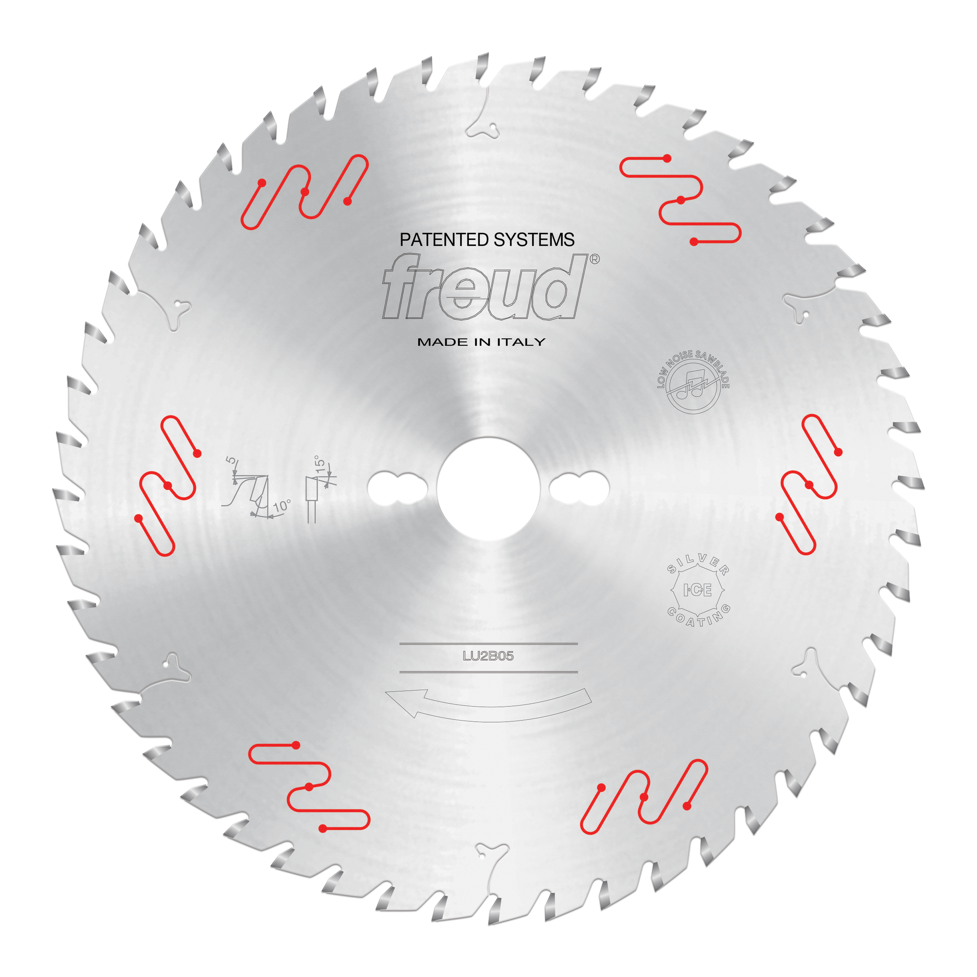 Freud 250mm circular saw blade with carbide-tipped teeth and center arbor hole, marked "LU2B05" and "Made in Italy."