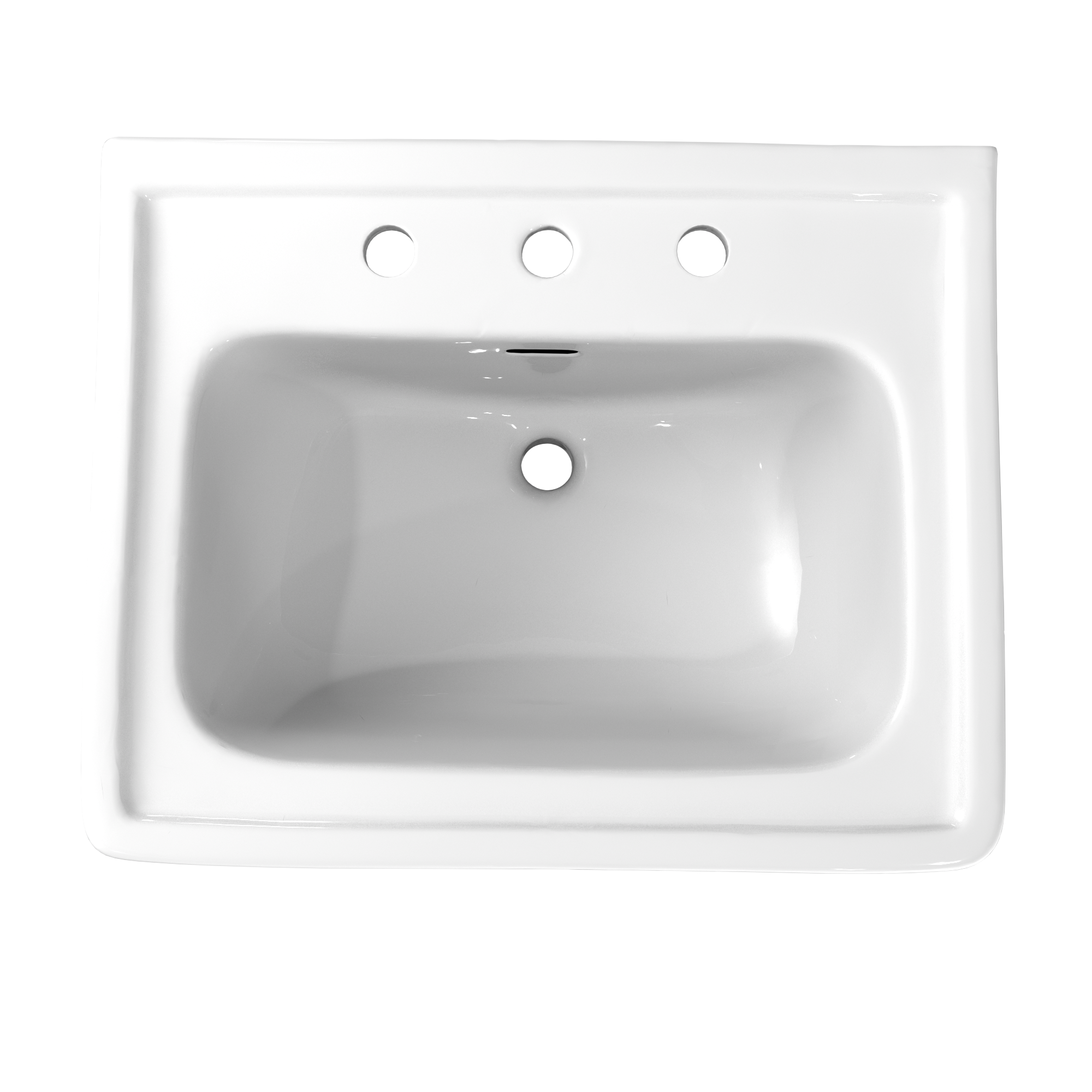 White rectangular pedestal sink with rounded basin and three faucet holes across the top.
