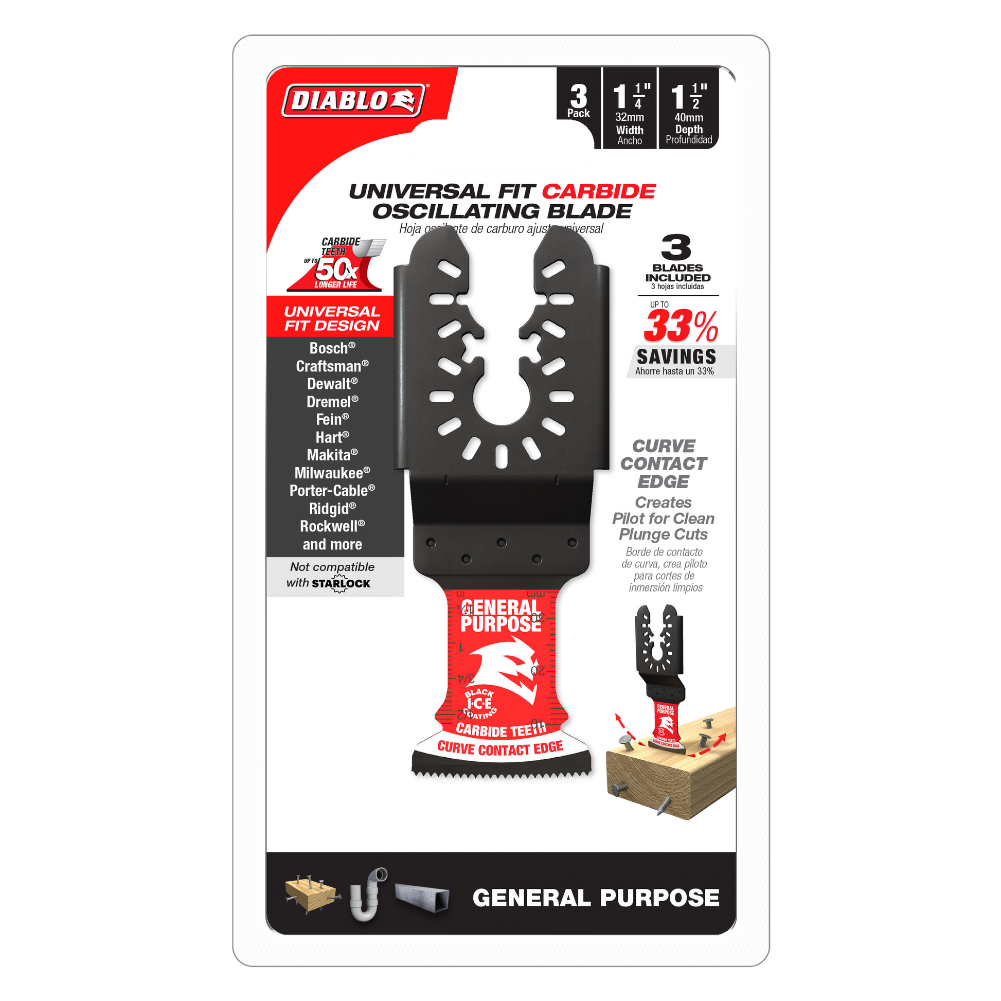 Three black carbide oscillating blades with curved contact edges and mounting holes, displayed on red packaging.