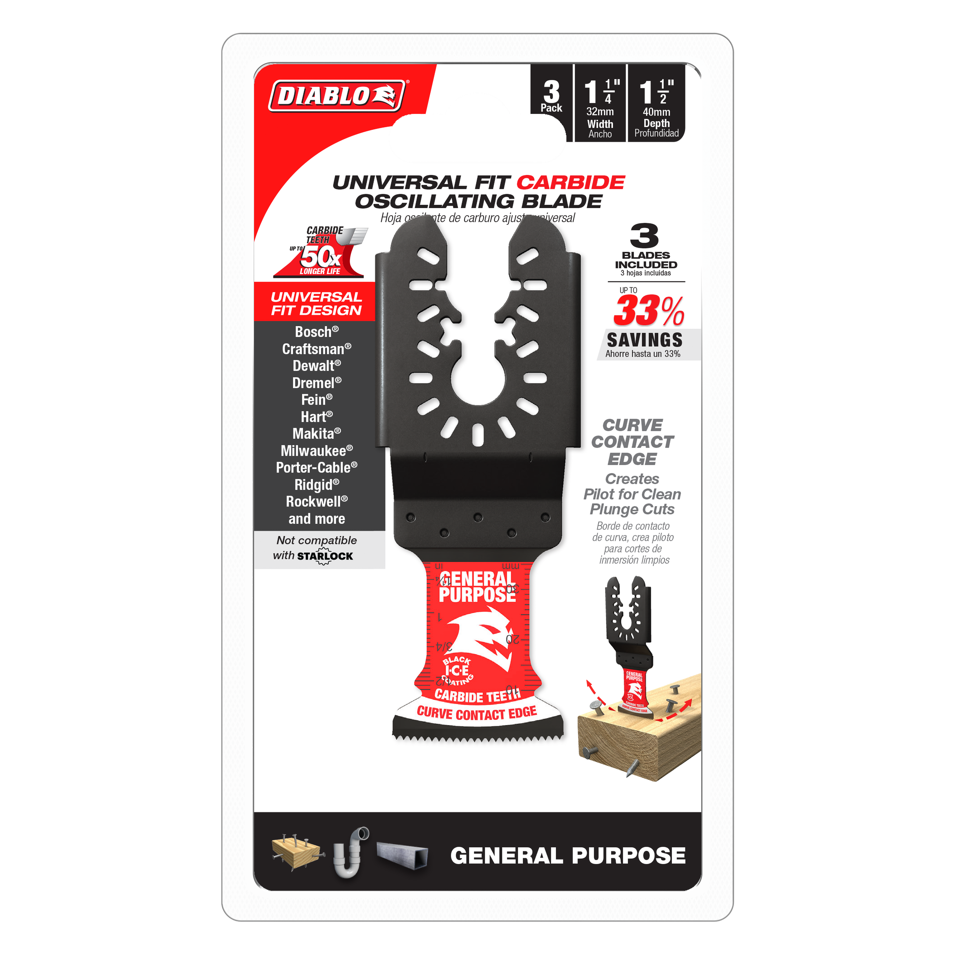 Three black carbide oscillating blades with curved contact edges and mounting holes, displayed on red packaging.