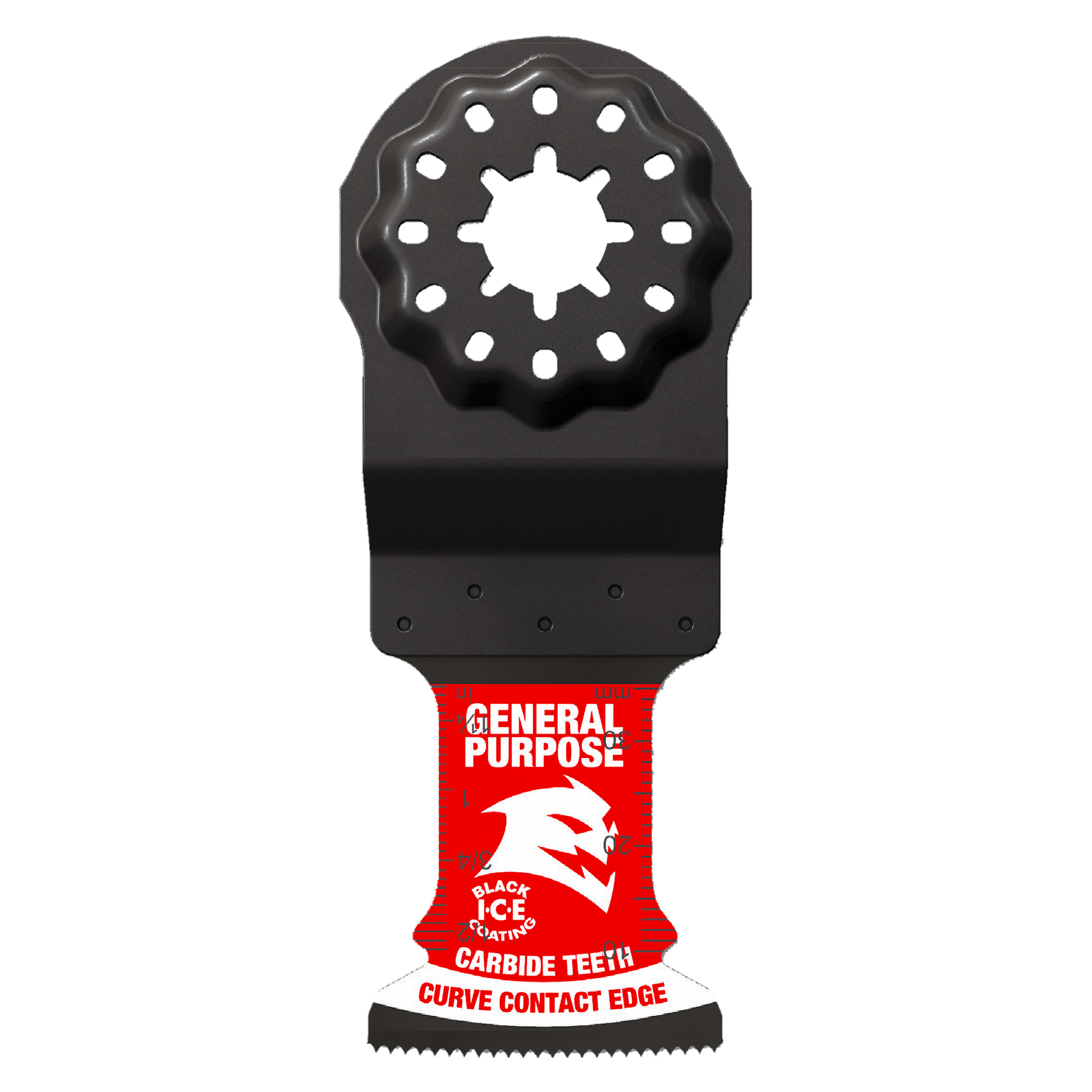 Black and red Diablo oscillating blade with carbide teeth, Starlock mount, and curved cutting edge for general purpose use.