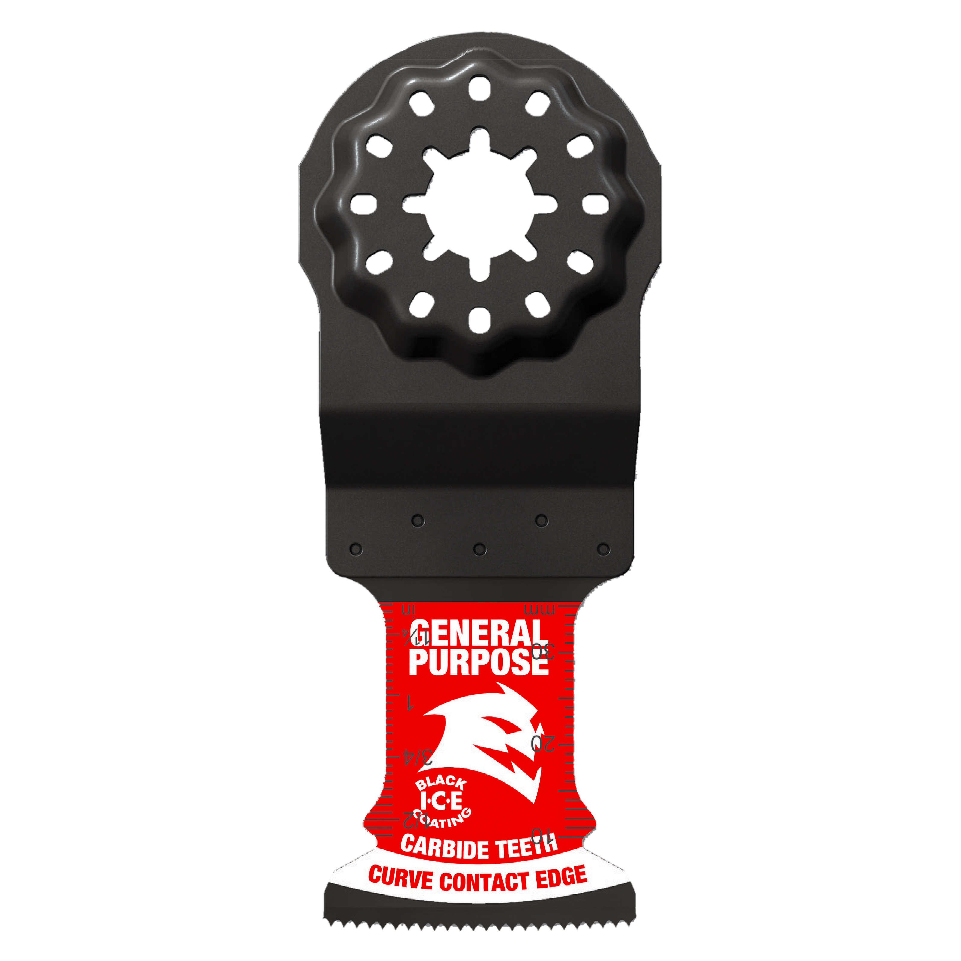 Black and red Starlock oscillating blade with carbide teeth and circular head featuring perforated mounting holes.