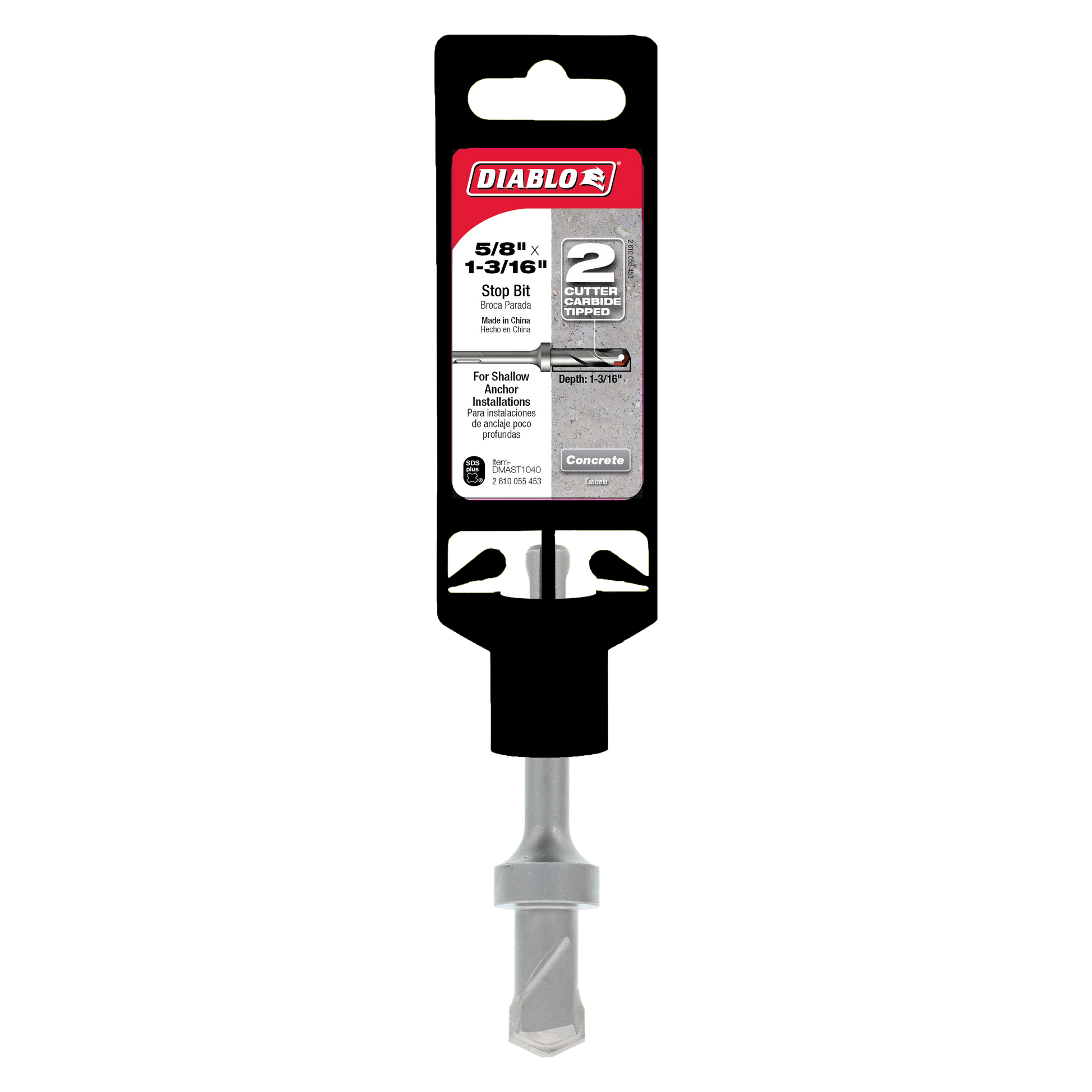 Diablo SDS-Plus 2-cutter stop bit with black packaging and gray metal shaft for concrete anchoring.