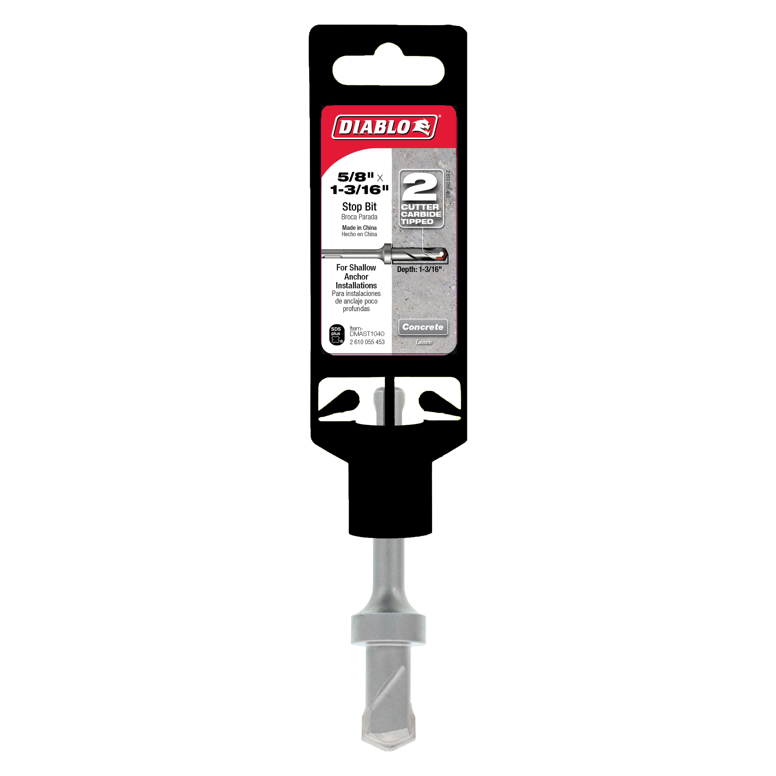 Diablo SDS-Plus 2-cutter stop bit with black packaging and gray metal shaft for concrete anchoring.