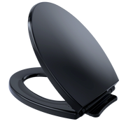 Ebony elongated toilet seat and lid with slow-close mechanism and black hinge hardware.