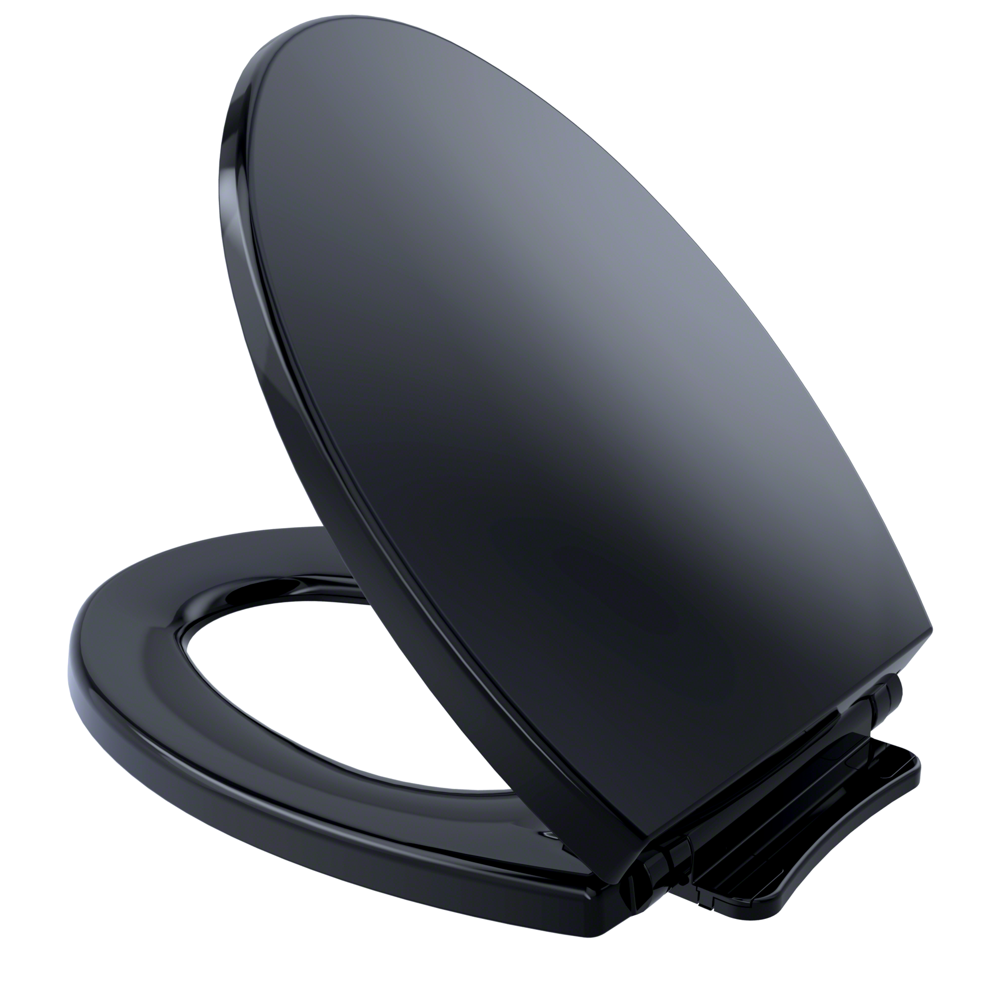 Ebony elongated toilet seat and lid with slow-close mechanism and black hinge hardware.