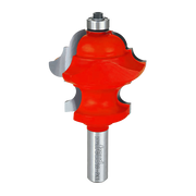 Red multi-profile router bit with silver shank and black collar, featuring curved cutting edges.