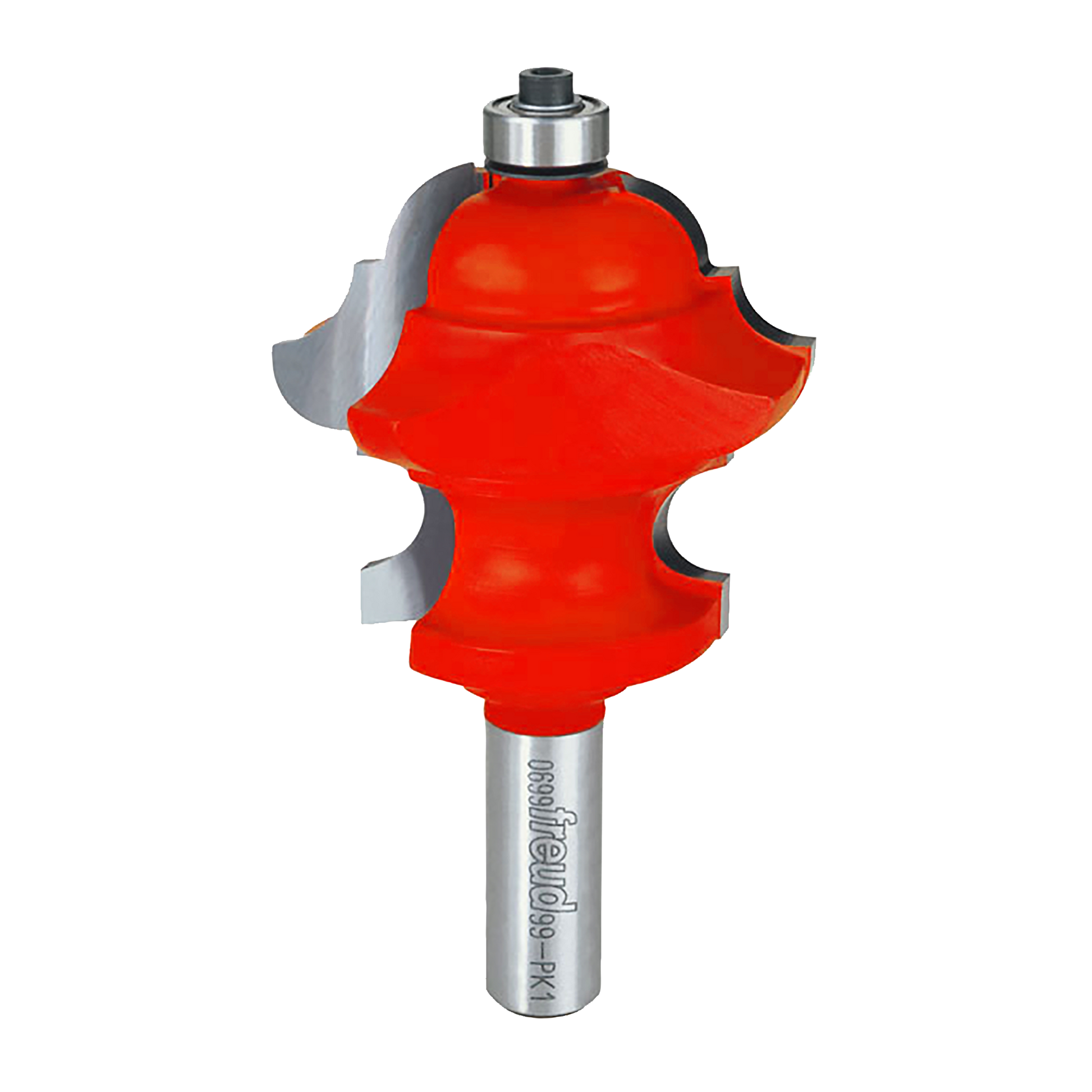 Red multi-profile router bit with silver shank and black collar, featuring curved cutting edges.