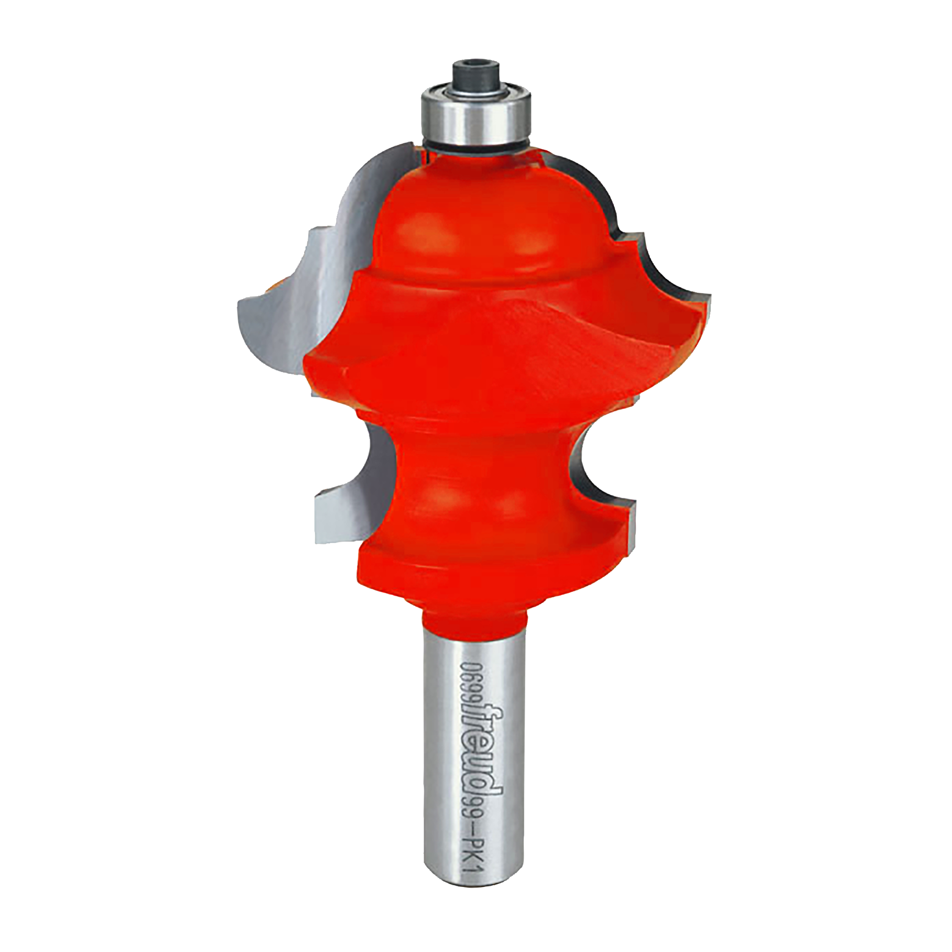 Red multi-profile router bit with silver shank and black collar, featuring curved cutting edges.