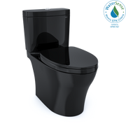Ebony two-piece elongated toilet with soft-close seat and integral tank.