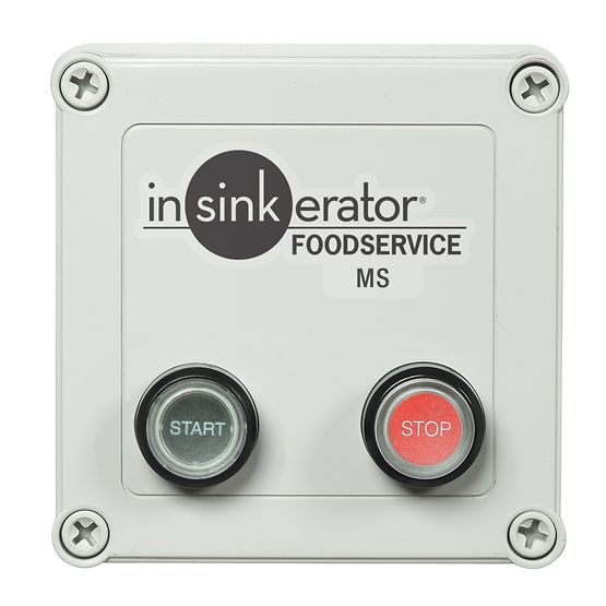 InSinkErator MS-8 manual switch control panel with gray START and red STOP buttons mounted on white faceplate.