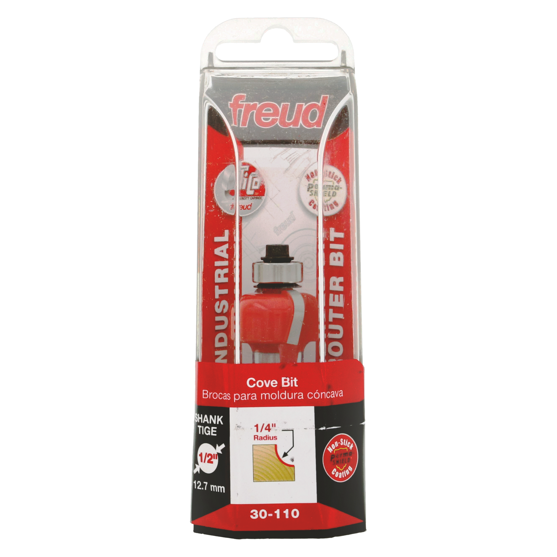 Freud 1/4" radius cove bit with red body and silver shank in clear plastic packaging with red and black label.