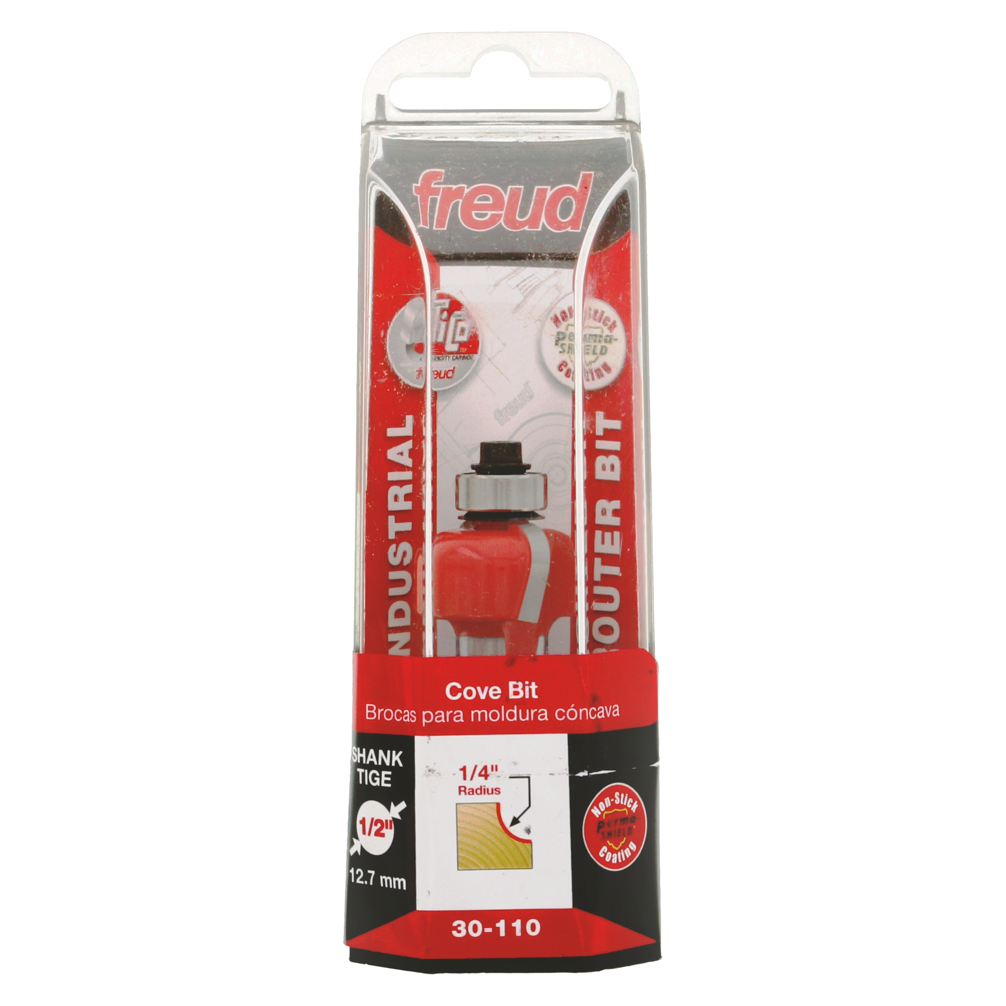 Freud 1/4" radius cove bit with red body and silver shank in clear plastic packaging with red and black label.