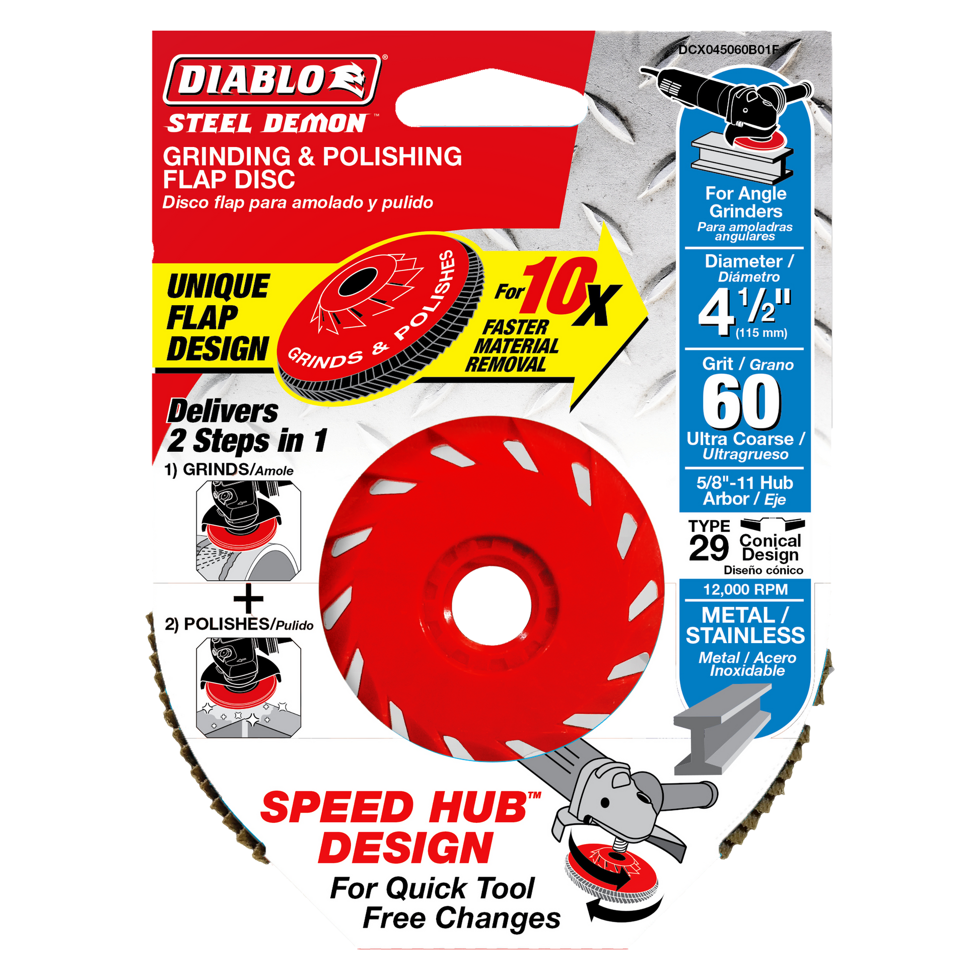 Red 4-1/2 inch Steel Demon flap disc with 60 grit rating and Speed Hub design for angle grinders.