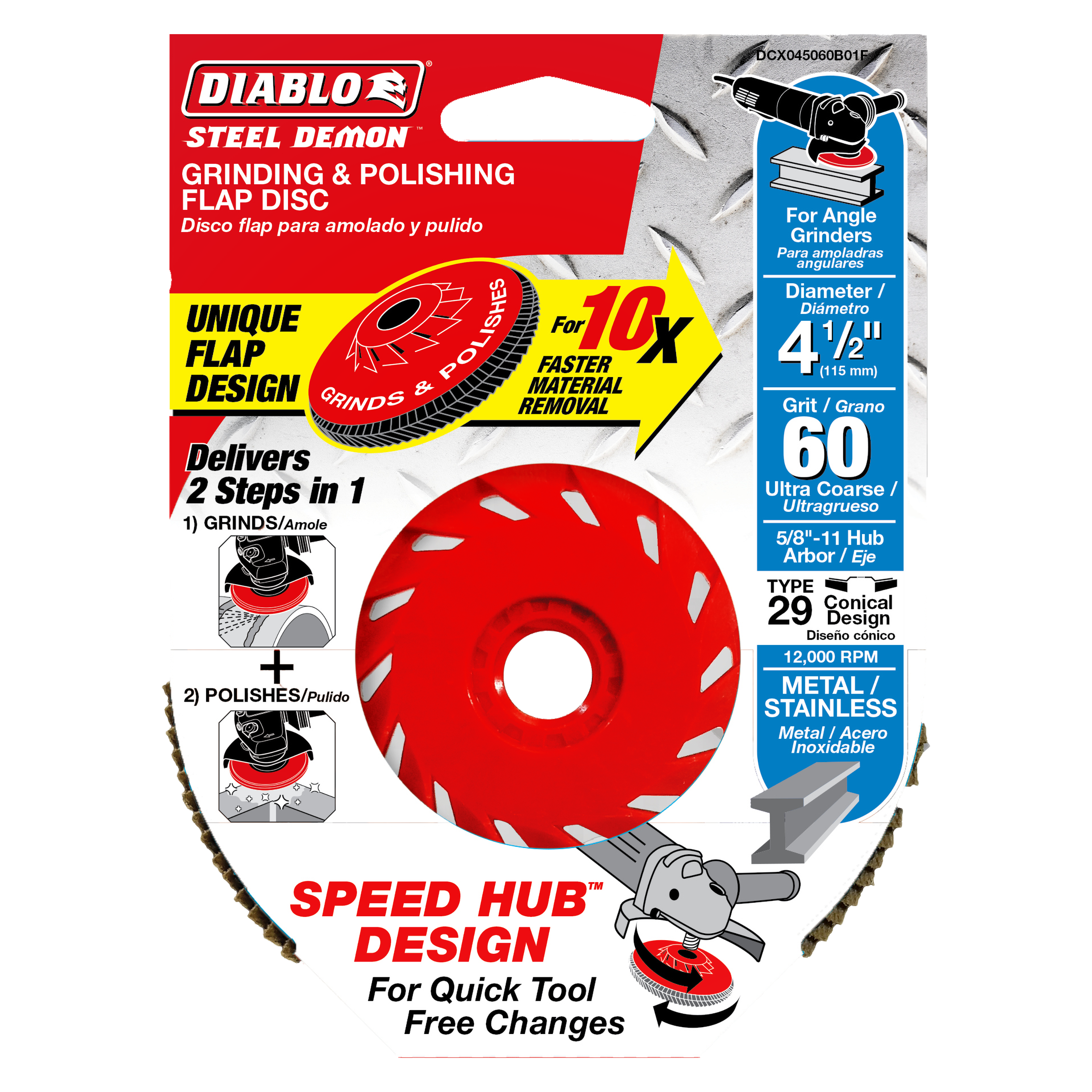Red 4-1/2 inch Steel Demon flap disc with 60 grit rating and Speed Hub design for angle grinders.
