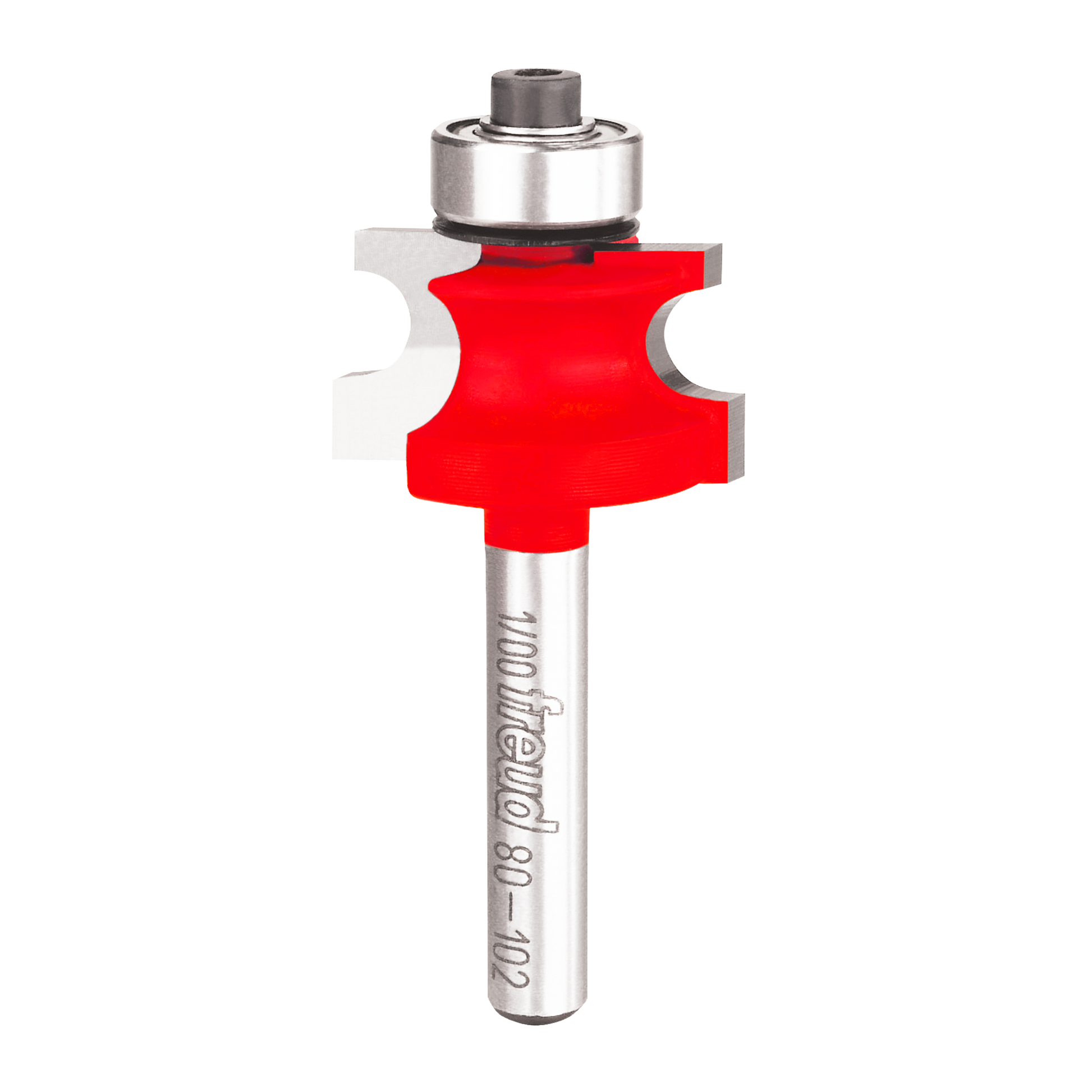 Freud beading router bit with red cutting head, silver shaft, and bearing collar.