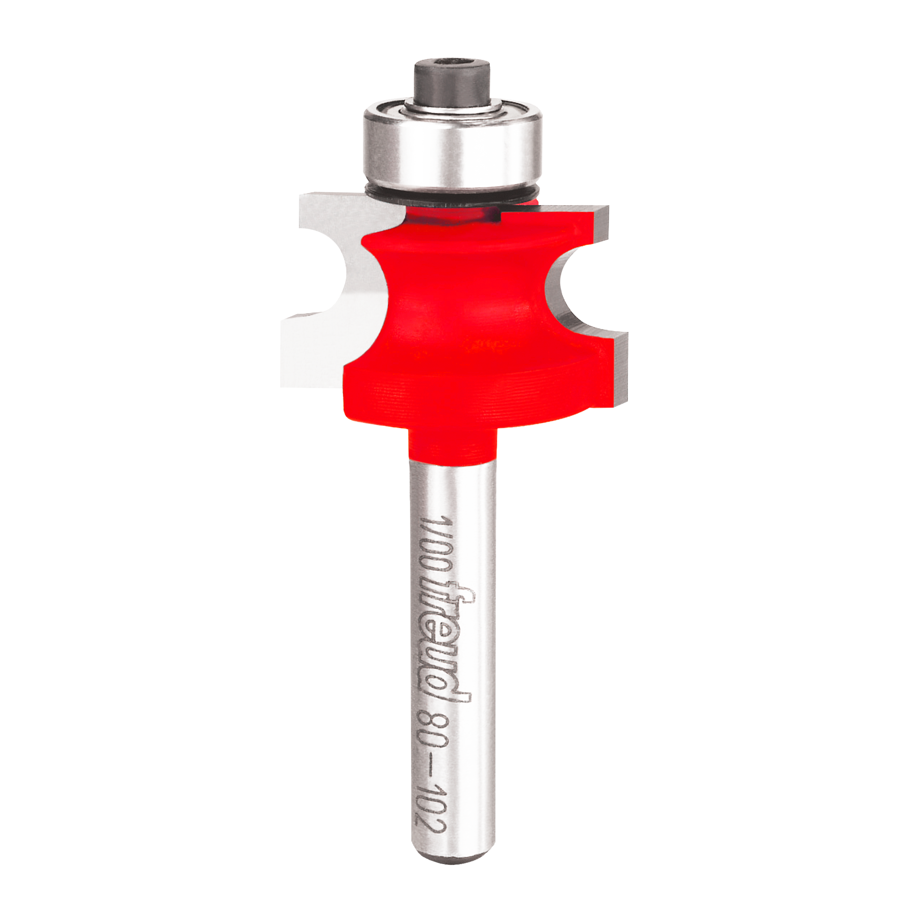 Freud beading router bit with red cutting head, silver shaft, and bearing collar.
