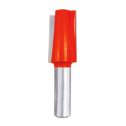 Red mortising bit with metal shank and rectangular cutting head for woodworking.
