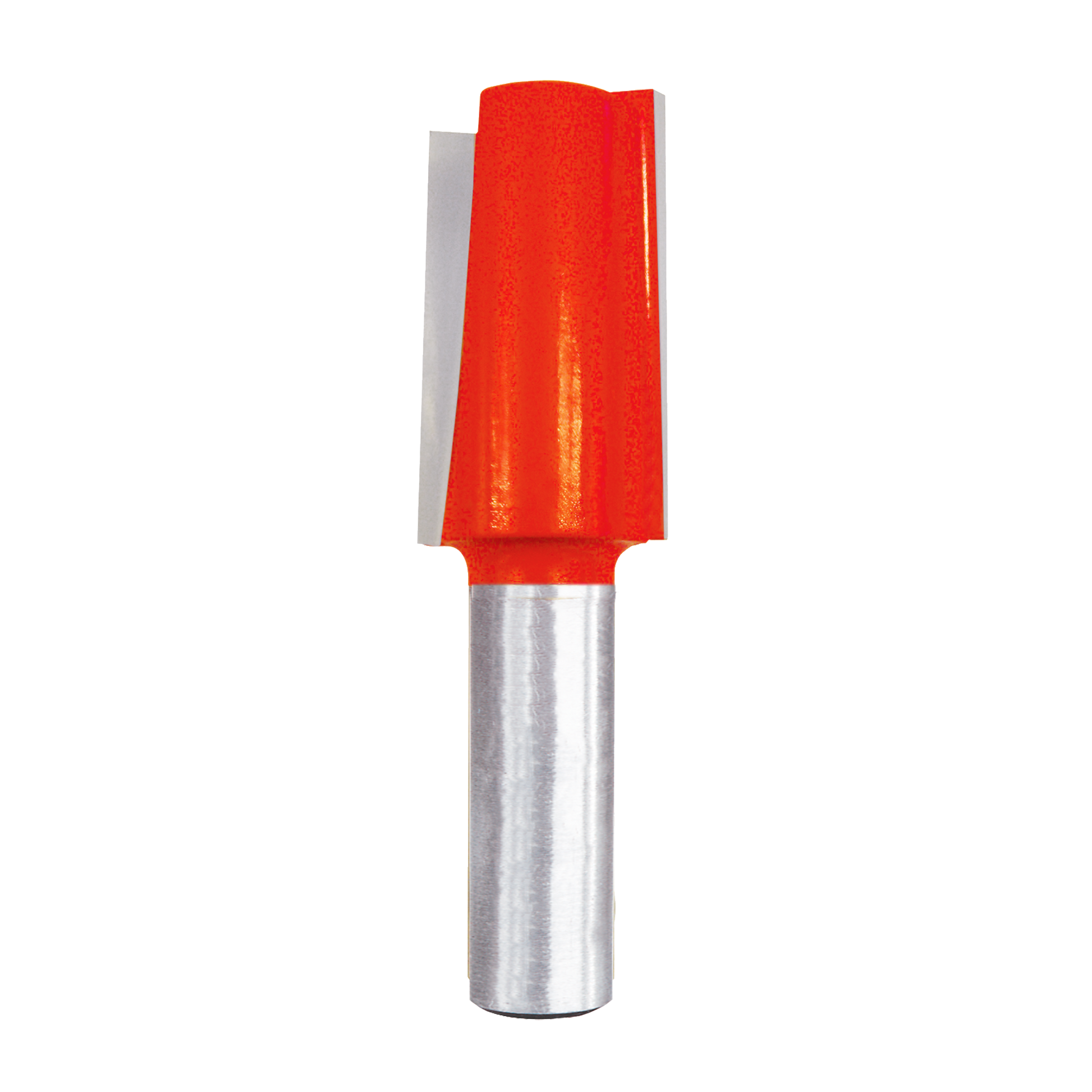 Red mortising bit with metal shank and rectangular cutting head for woodworking.