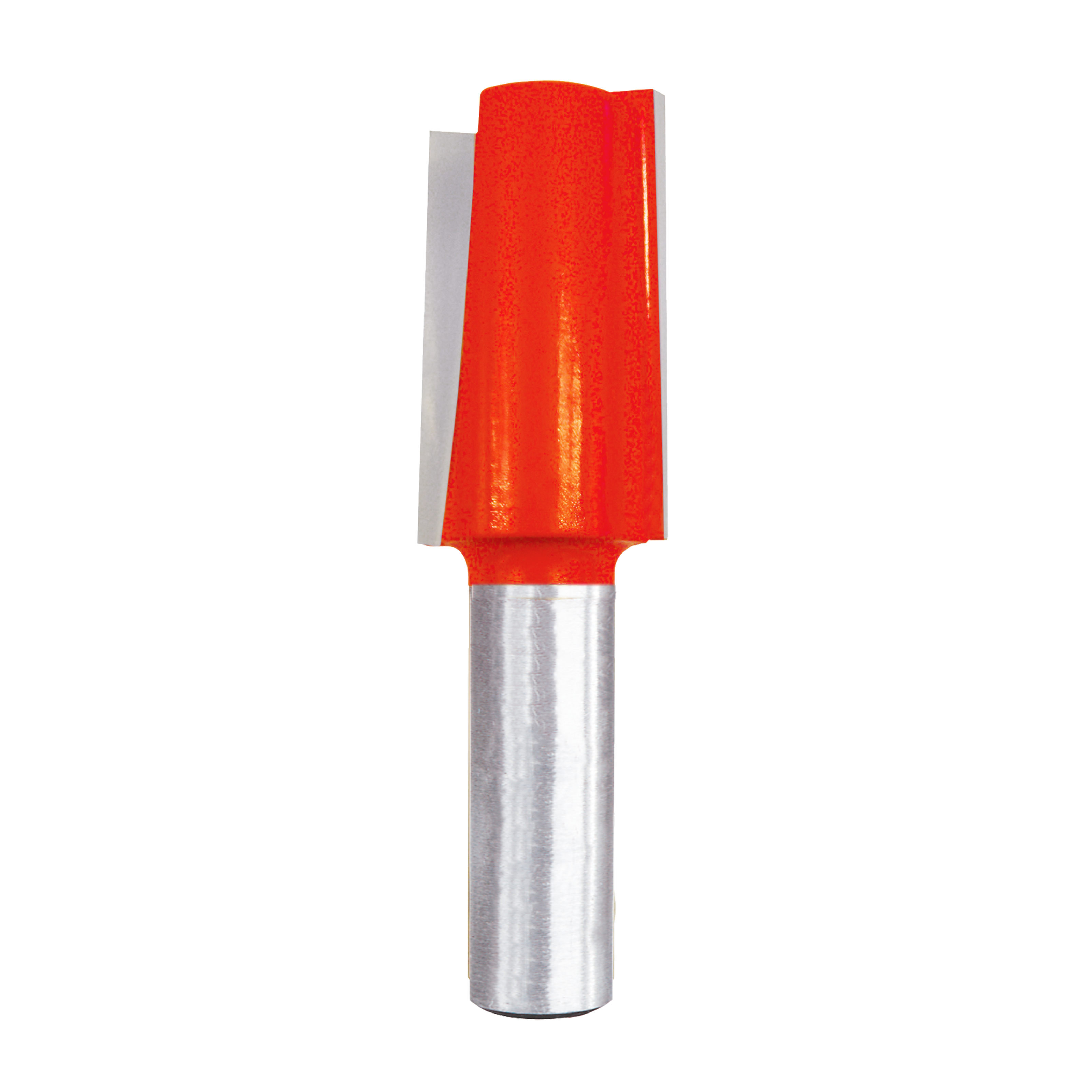 Red mortising bit with metal shank and rectangular cutting head for woodworking.