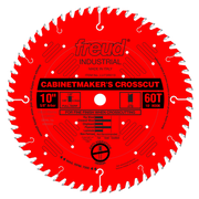 Red circular saw blade with 60 teeth, 10-inch diameter, labeled Freud Cabinetmaker's Crosscut with silver-gray tooth tips.