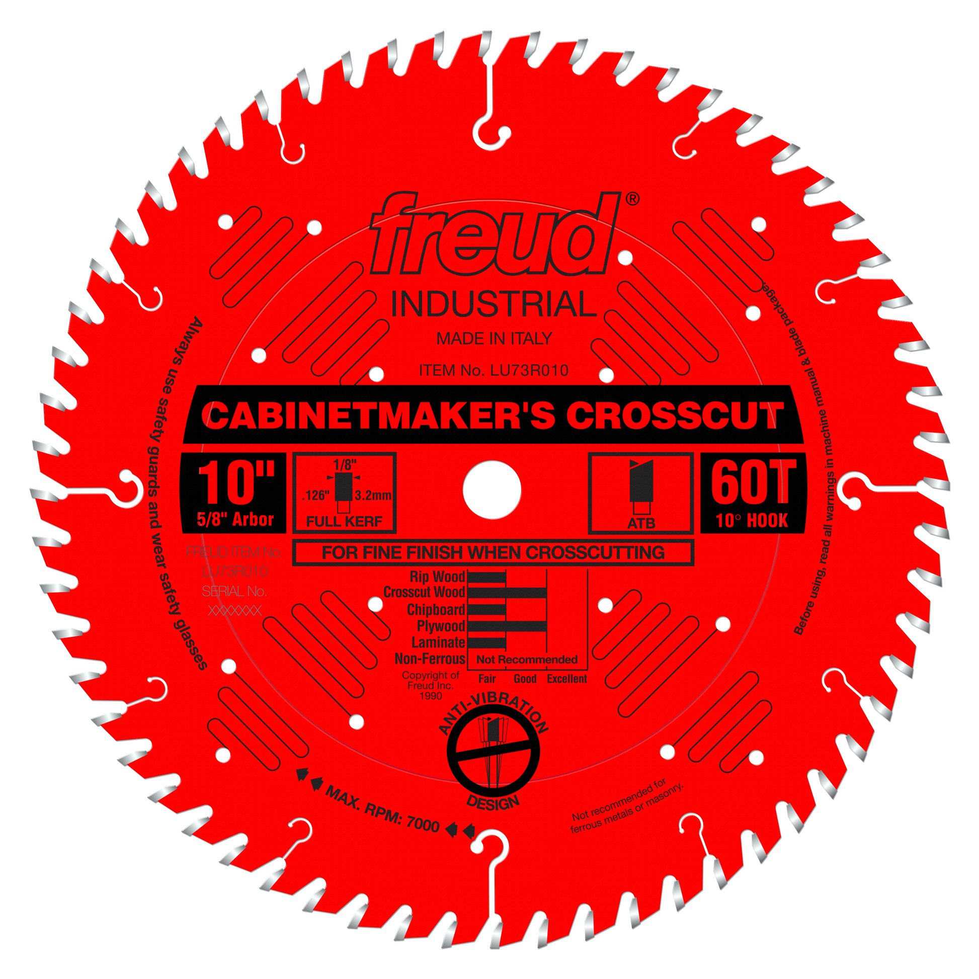 Red circular saw blade with 60 teeth, 10-inch diameter, labeled Freud Cabinetmaker's Crosscut with silver-gray tooth tips.