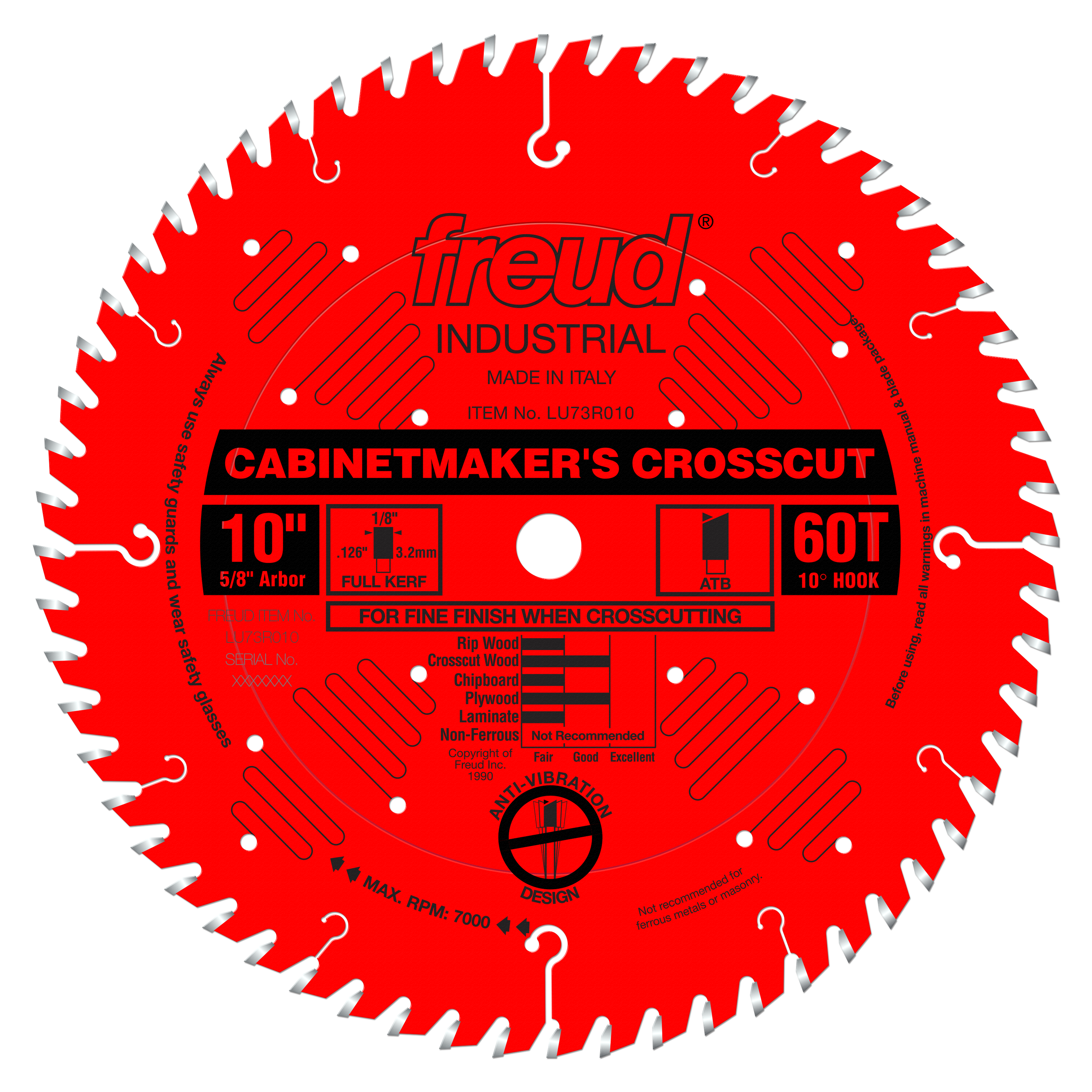 Red circular saw blade with 60 teeth, 10-inch diameter, labeled Freud Cabinetmaker's Crosscut with silver-gray tooth tips.