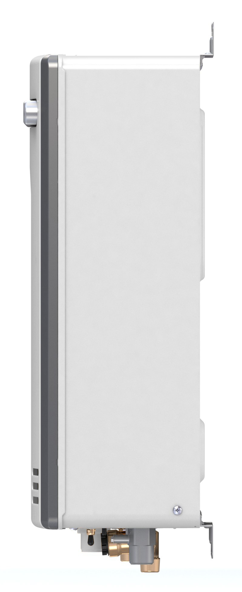 Vertical white tankless water heater unit with metal side panel, brass fittings at base, and exhaust vent at top.