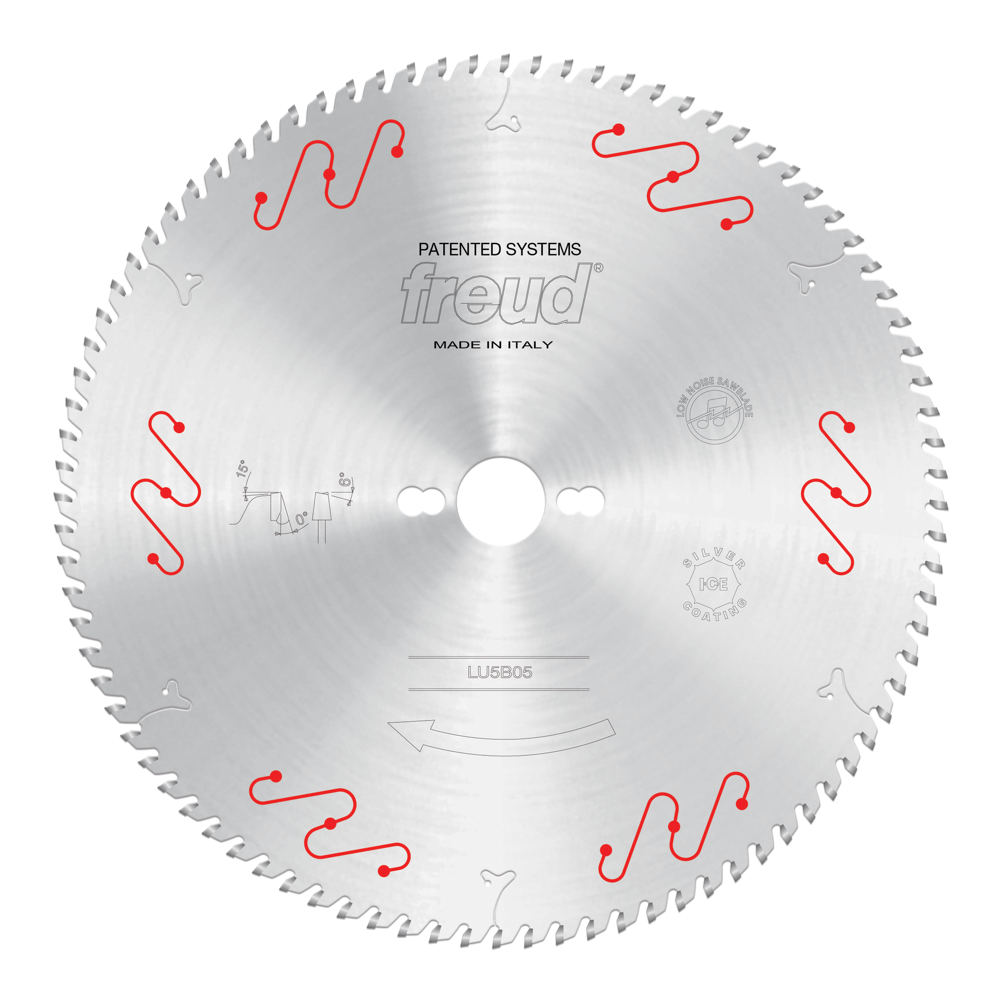 Freud LU5B05 300mm circular saw blade with carbide teeth and red mechanical clamping system markings, made in Italy.