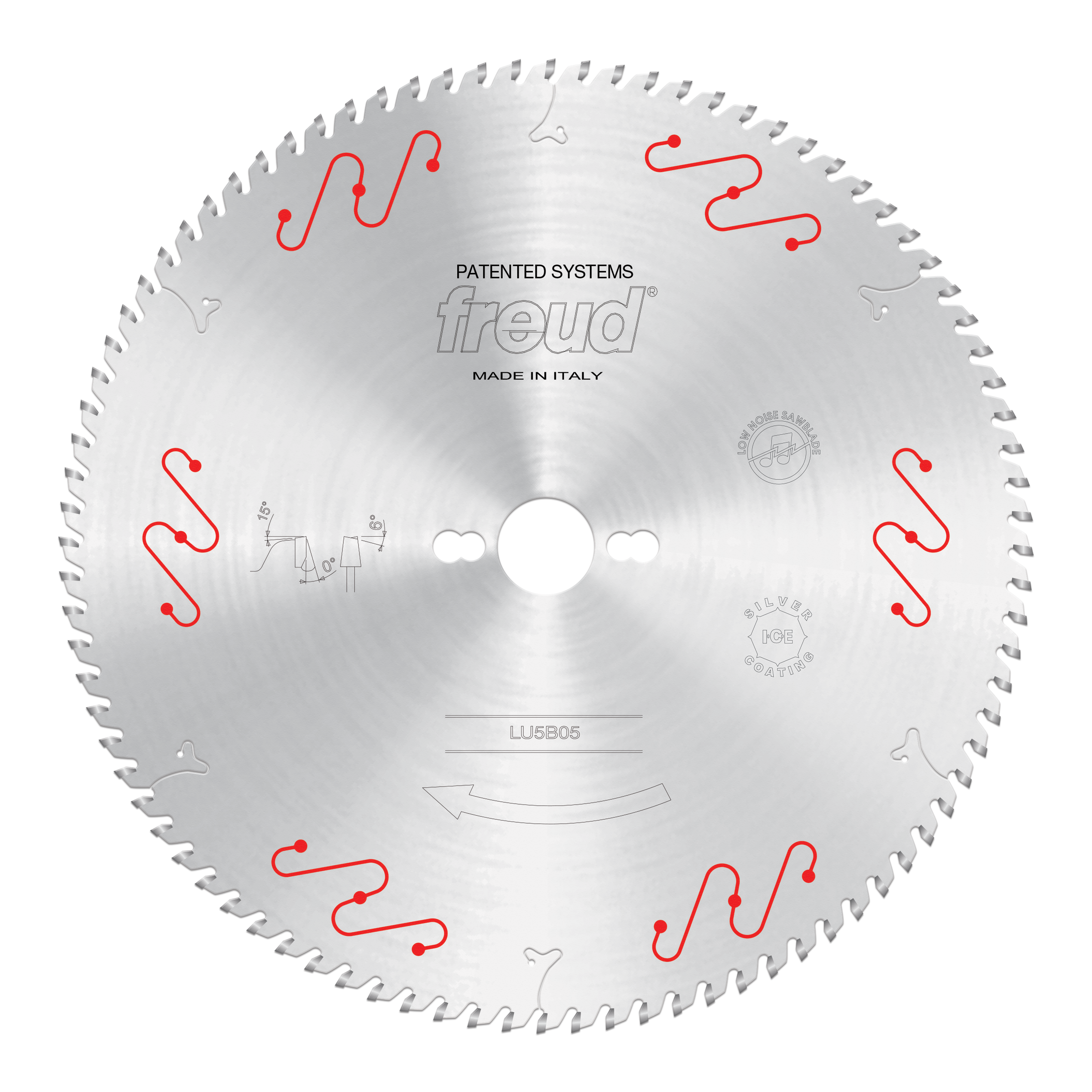 Freud LU5B05 300mm circular saw blade with carbide teeth and red mechanical clamping system markings, made in Italy.