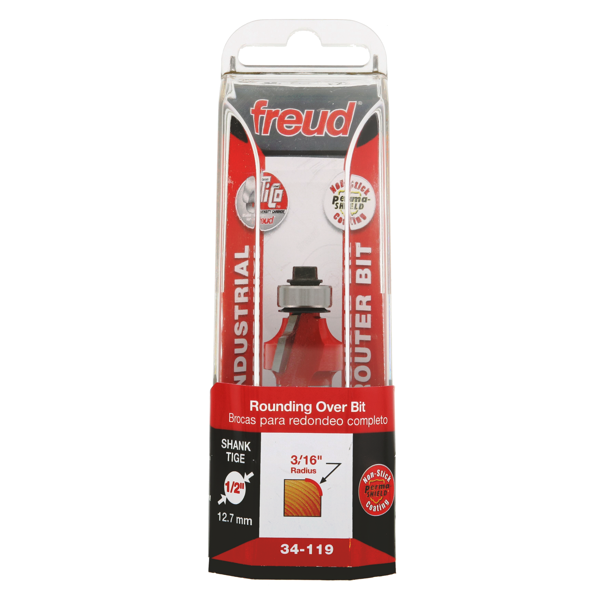 Freud 34-119 rounding over router bit with 3/16" radius in retail packaging showing bit specifications and shank size.