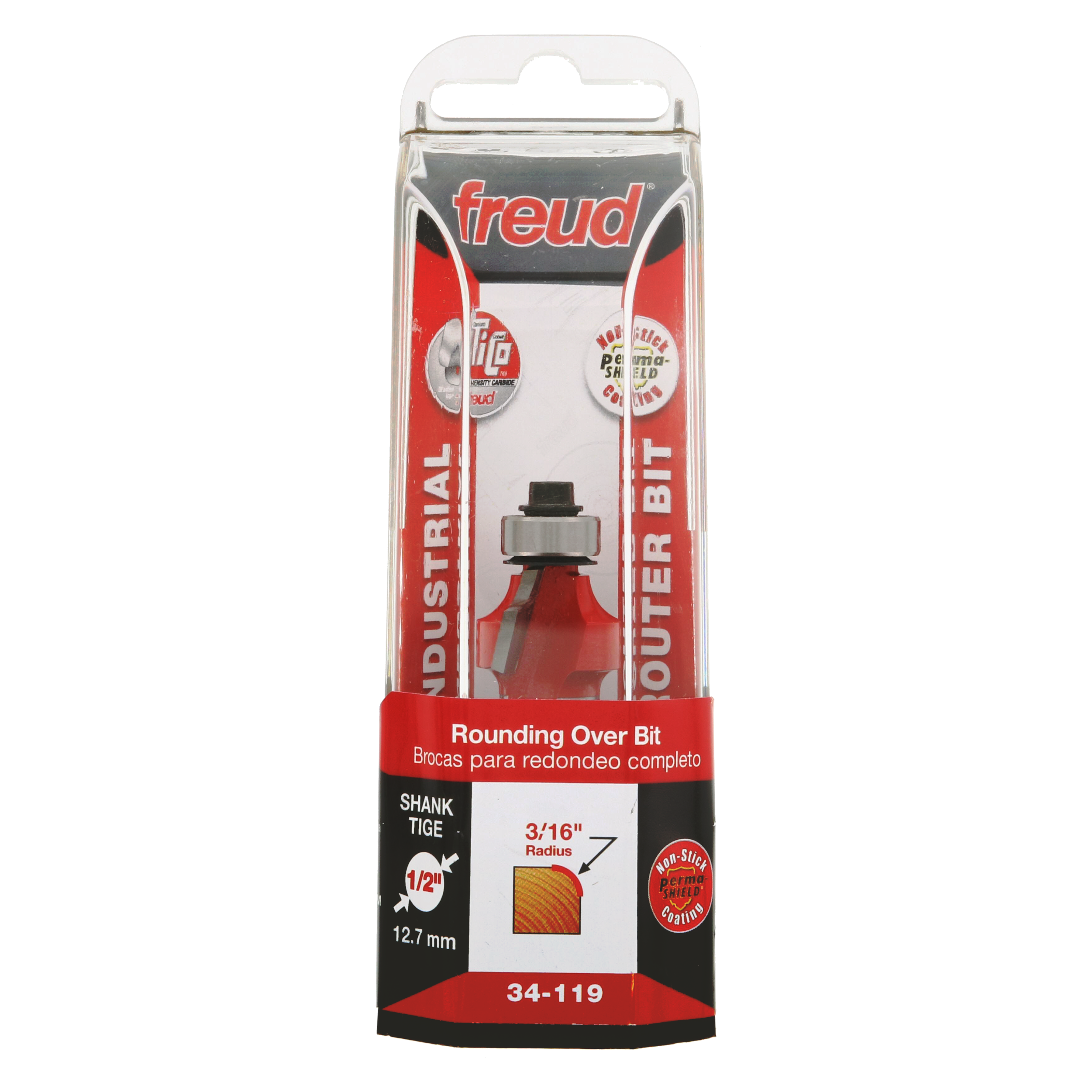 Freud 34-119 rounding over router bit with 3/16" radius in retail packaging showing bit specifications and shank size.