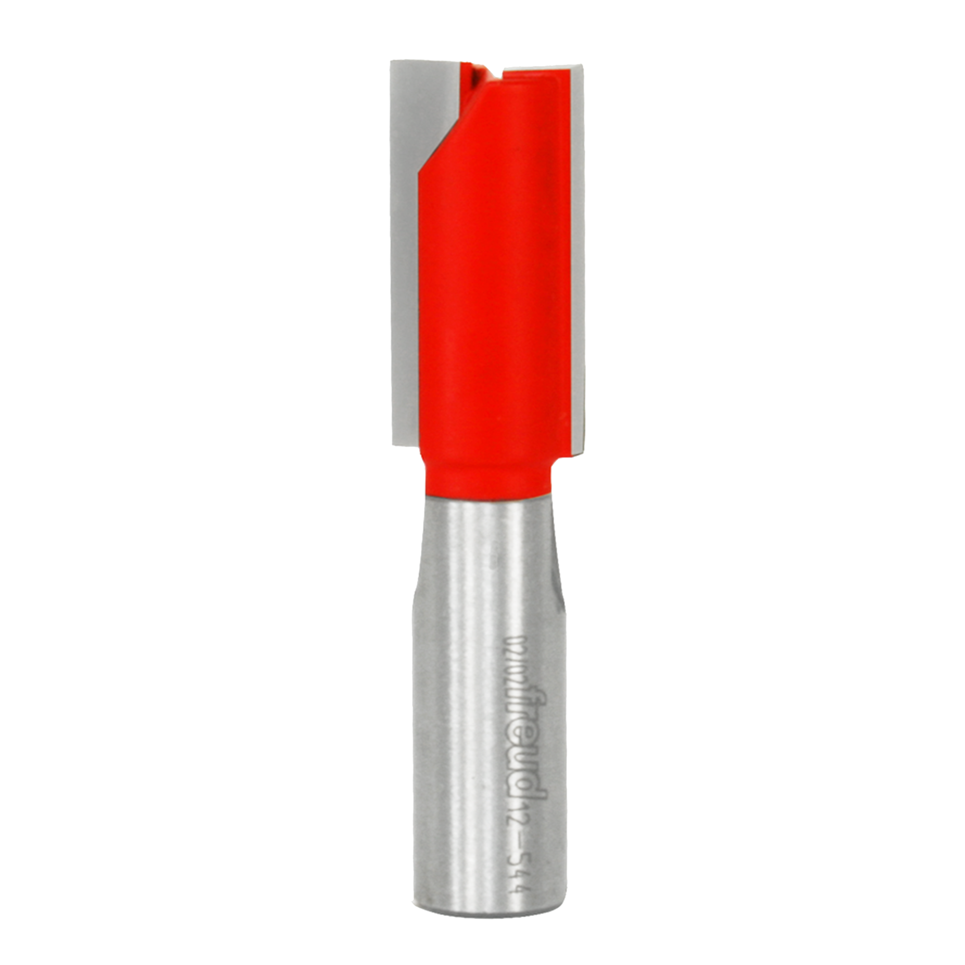 Red and silver straight router bit with double flute cutting head and cylindrical shank.