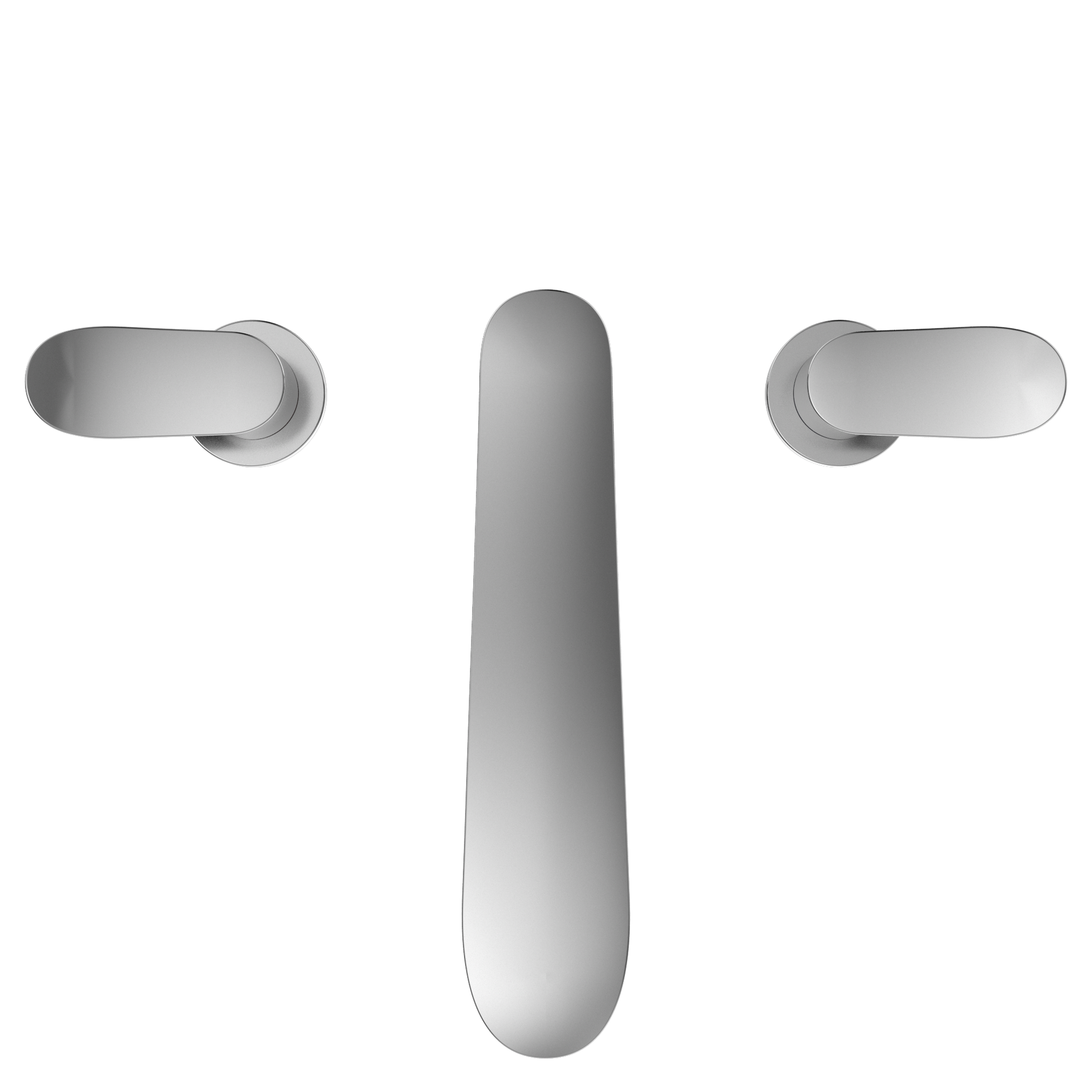 Polished chrome two-handle roman tub filler trim with elongated center spout and oval side handles.