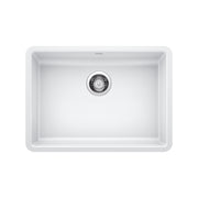 White rectangular undermount sink with single basin and chrome drain strainer.