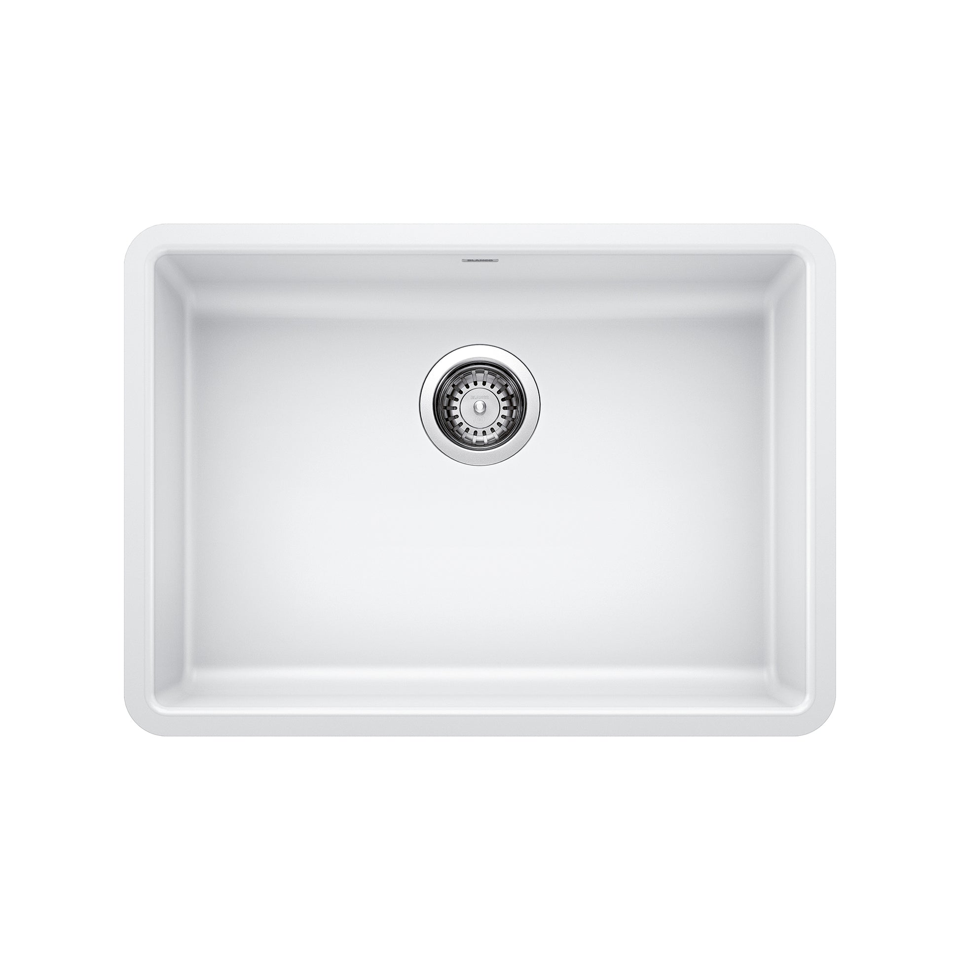White rectangular undermount sink with single basin and chrome drain strainer.