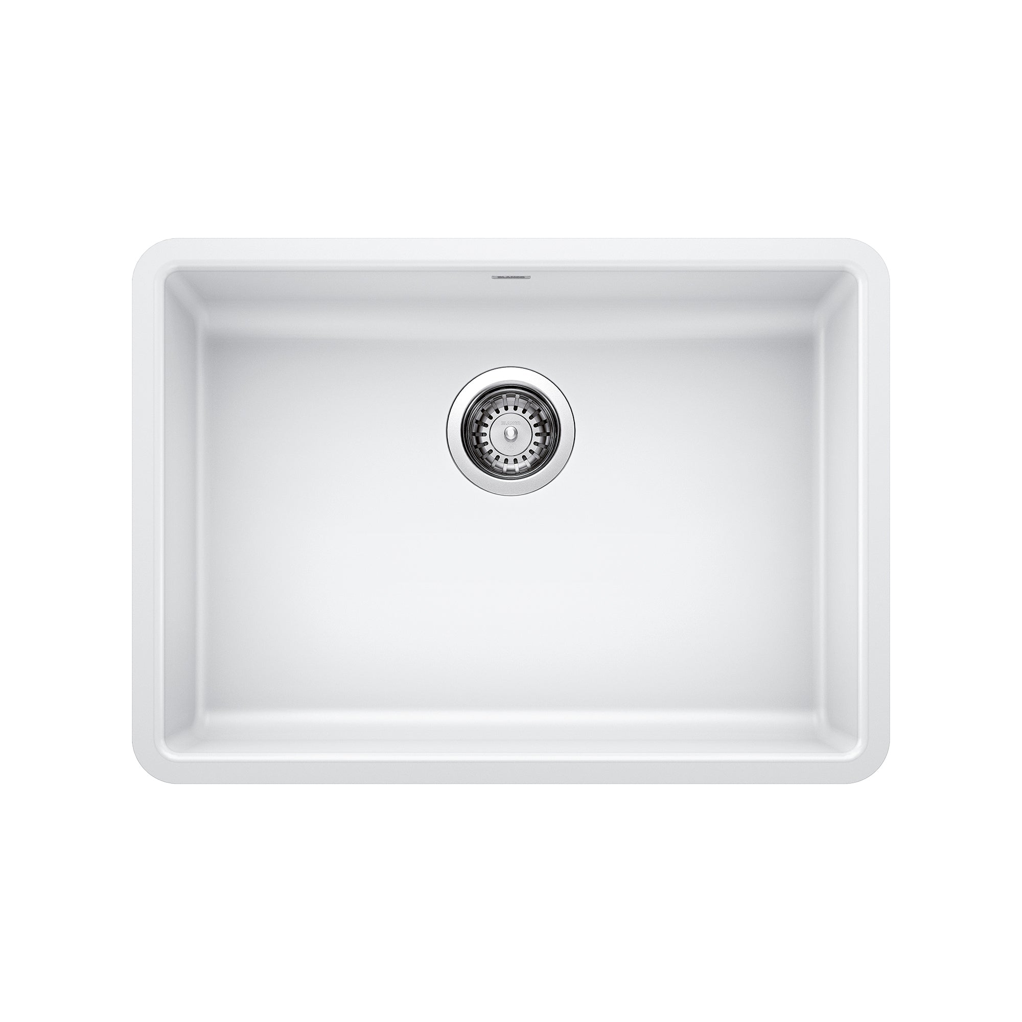 White rectangular undermount sink with single basin and chrome drain strainer.