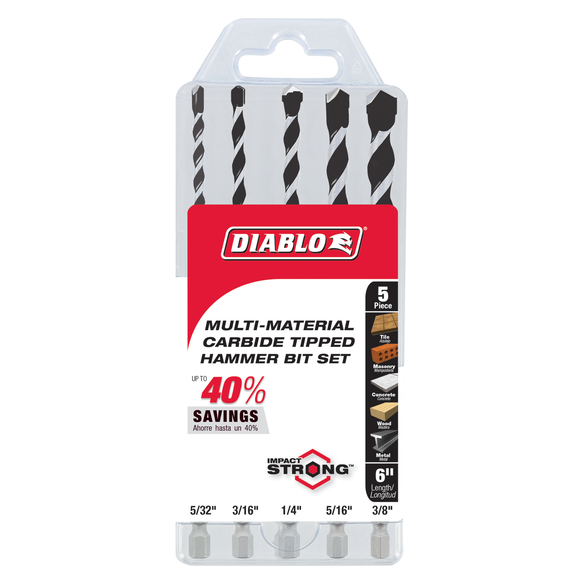 Five black carbide-tipped hammer drill bits in sizes 5/32", 3/16", 1/4", 5/16", and 3/8" in clear plastic packaging.