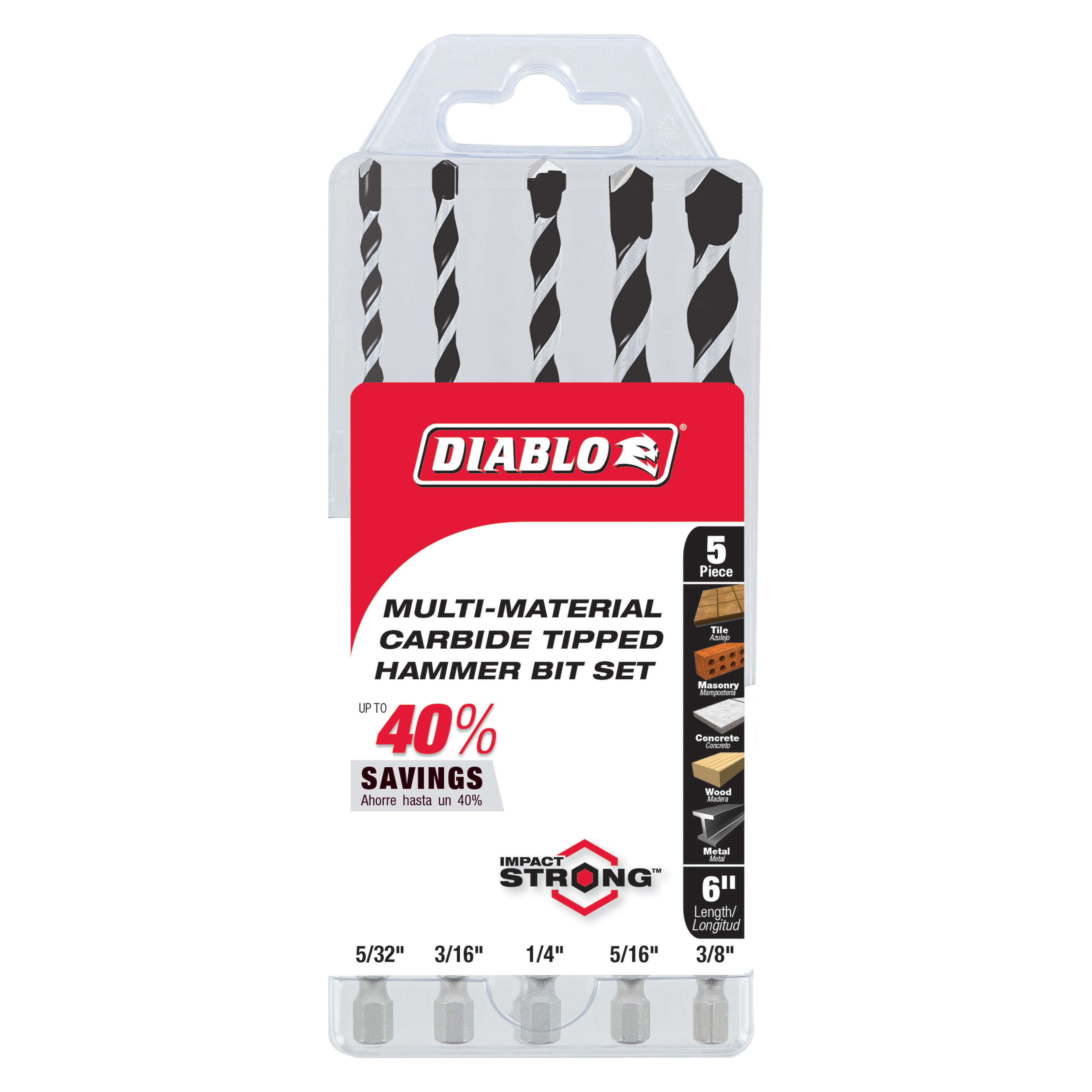 Five black carbide-tipped hammer drill bits in sizes 5/32", 3/16", 1/4", 5/16", and 3/8" in clear plastic packaging.