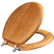 Round natural oak wood veneer toilet seat with chrome hinges in closed position.