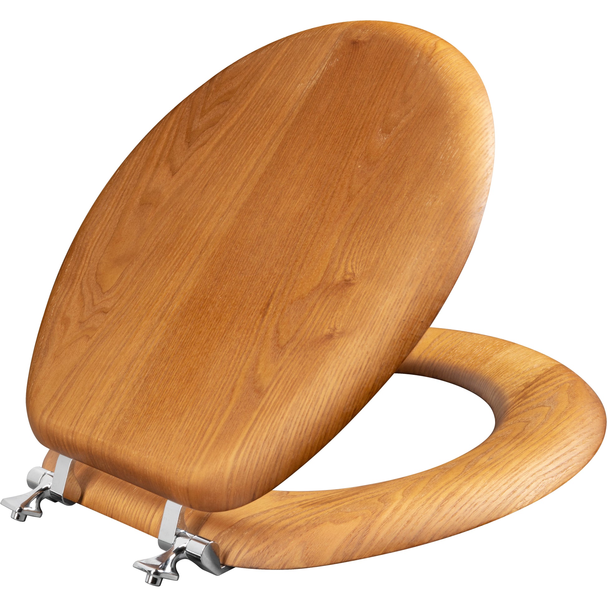 Round natural oak wood veneer toilet seat with chrome hinges in closed position.